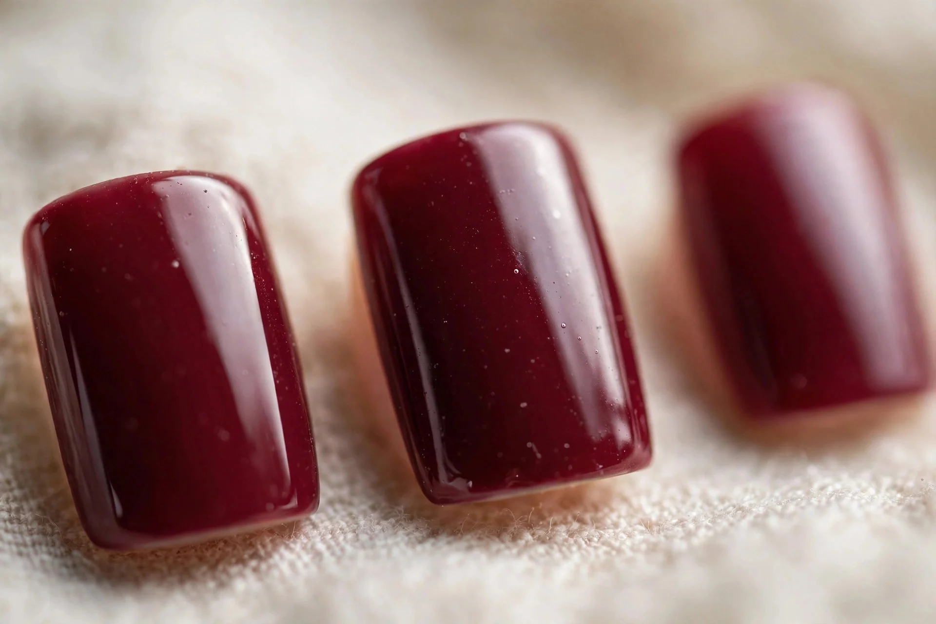 Creamy bordeaux burgundy polish, short square nails, glossy