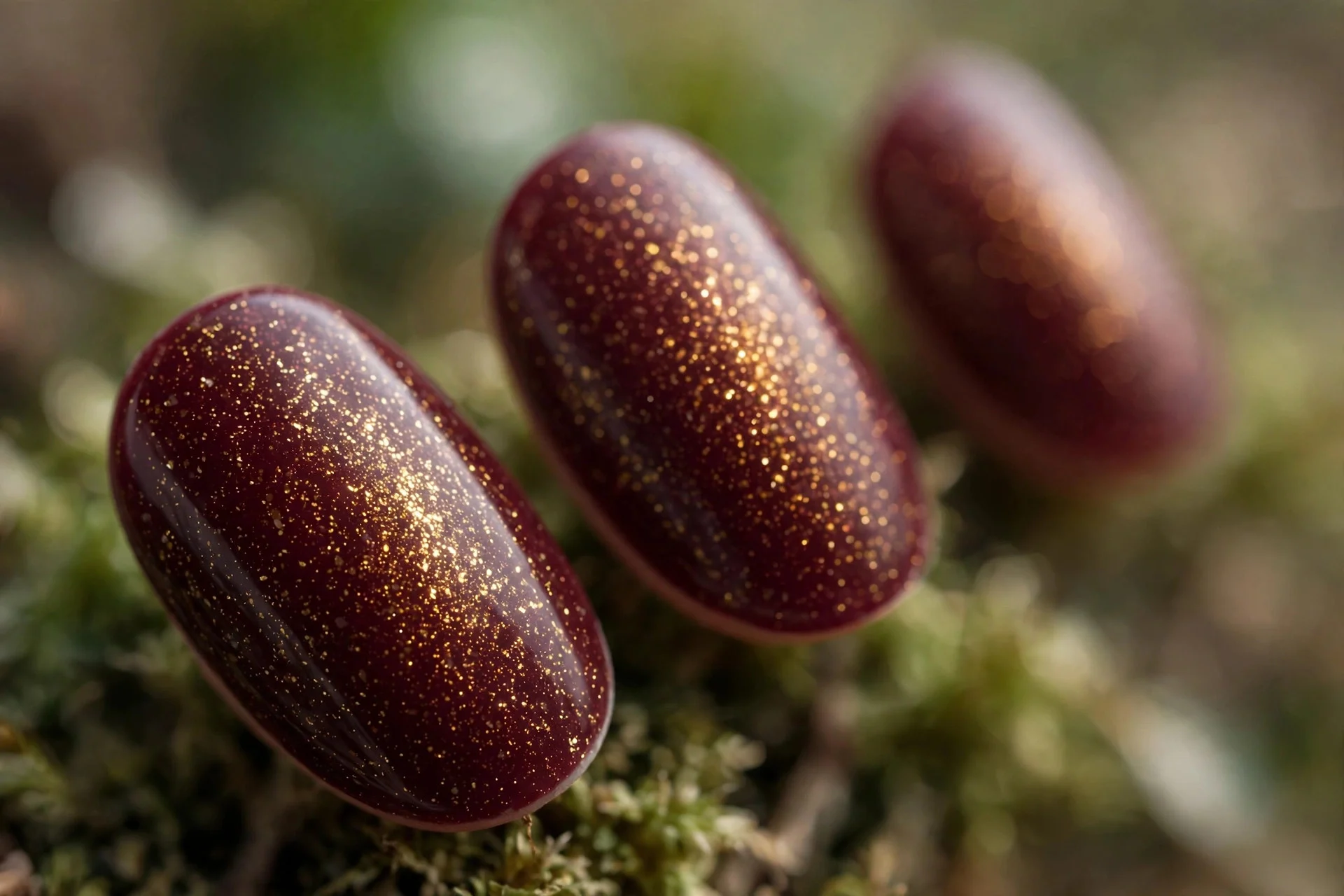 Burgundy polish with fine gold shimmer, oval nails