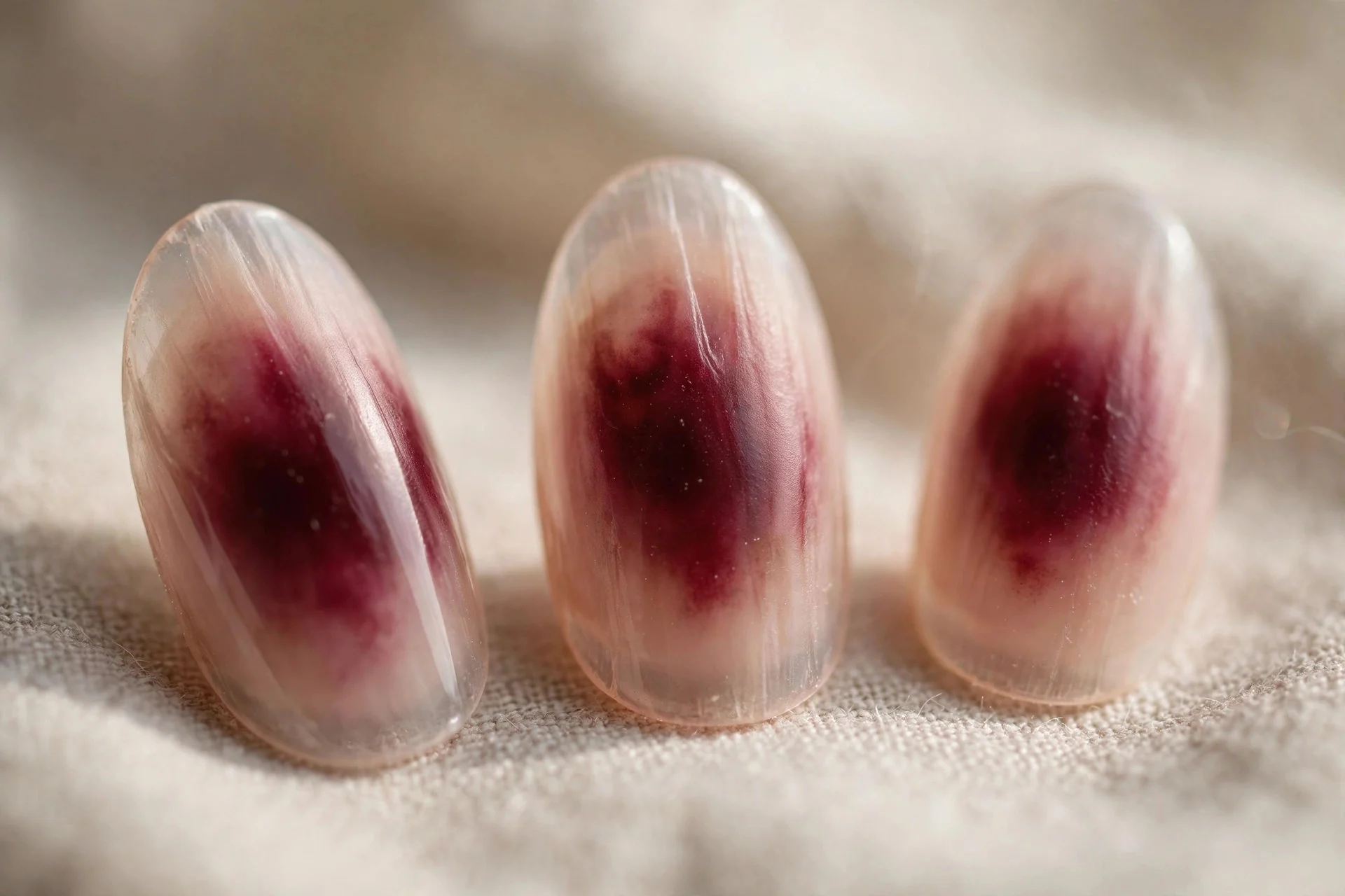 Burgundy aura nails fading to sheer nude edges, almond