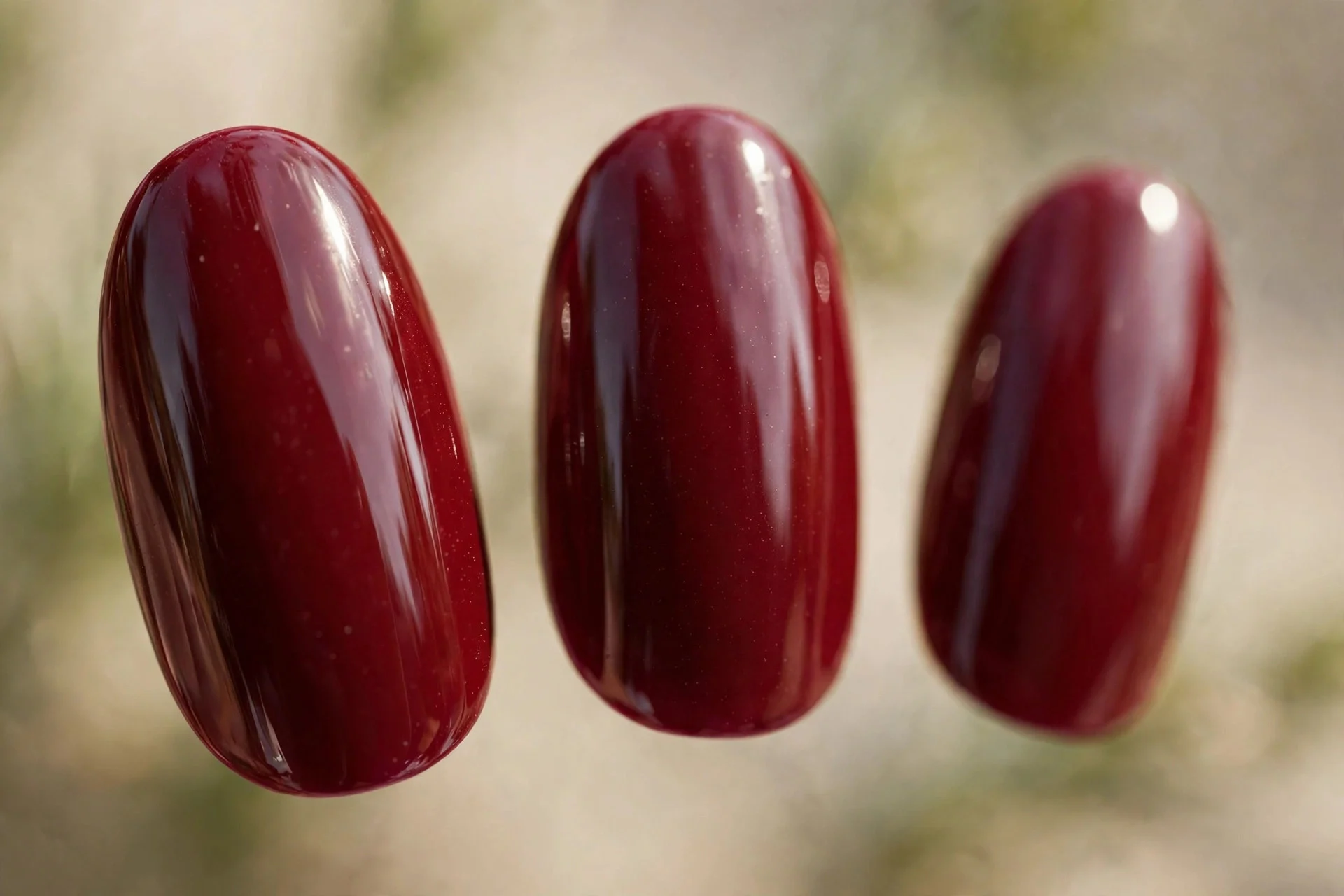 Bright claret red-burgundy polish, medium almond nails, glossy