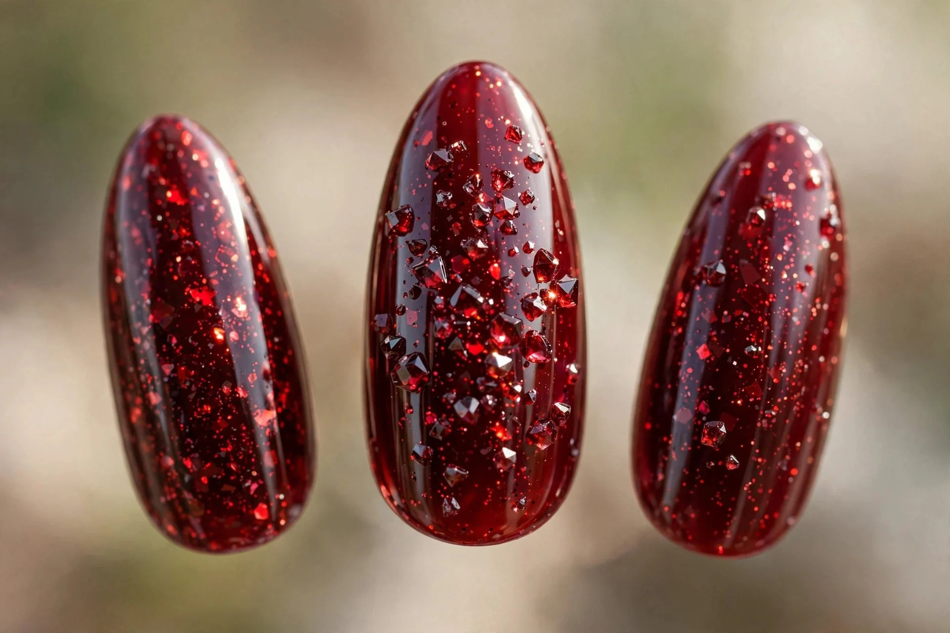 Glowing garnet red-burgundy polish, long almond nails, glossy