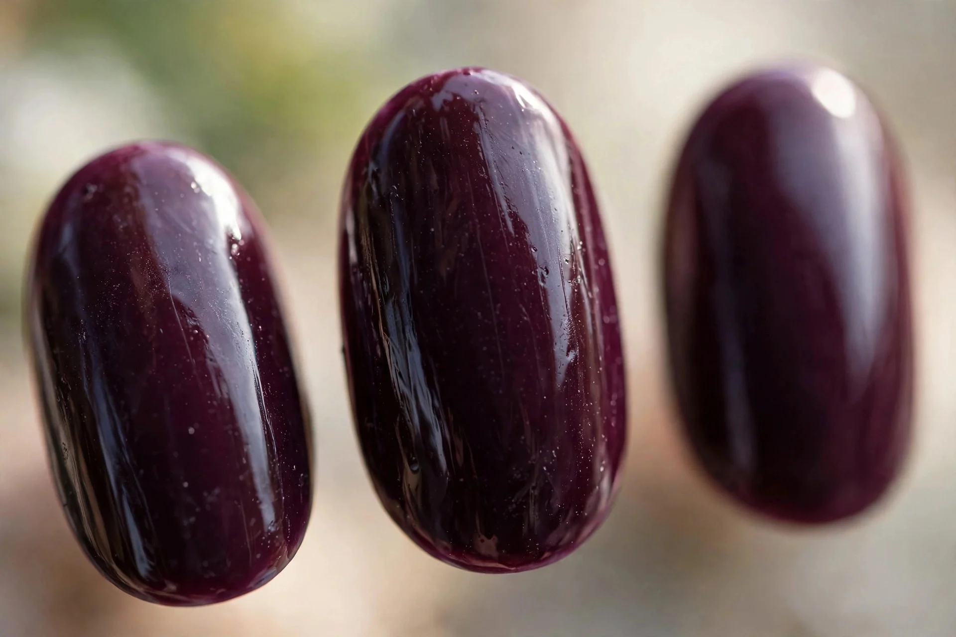 Purple-leaning blackberry burgundy polish, oval nails, glossy
