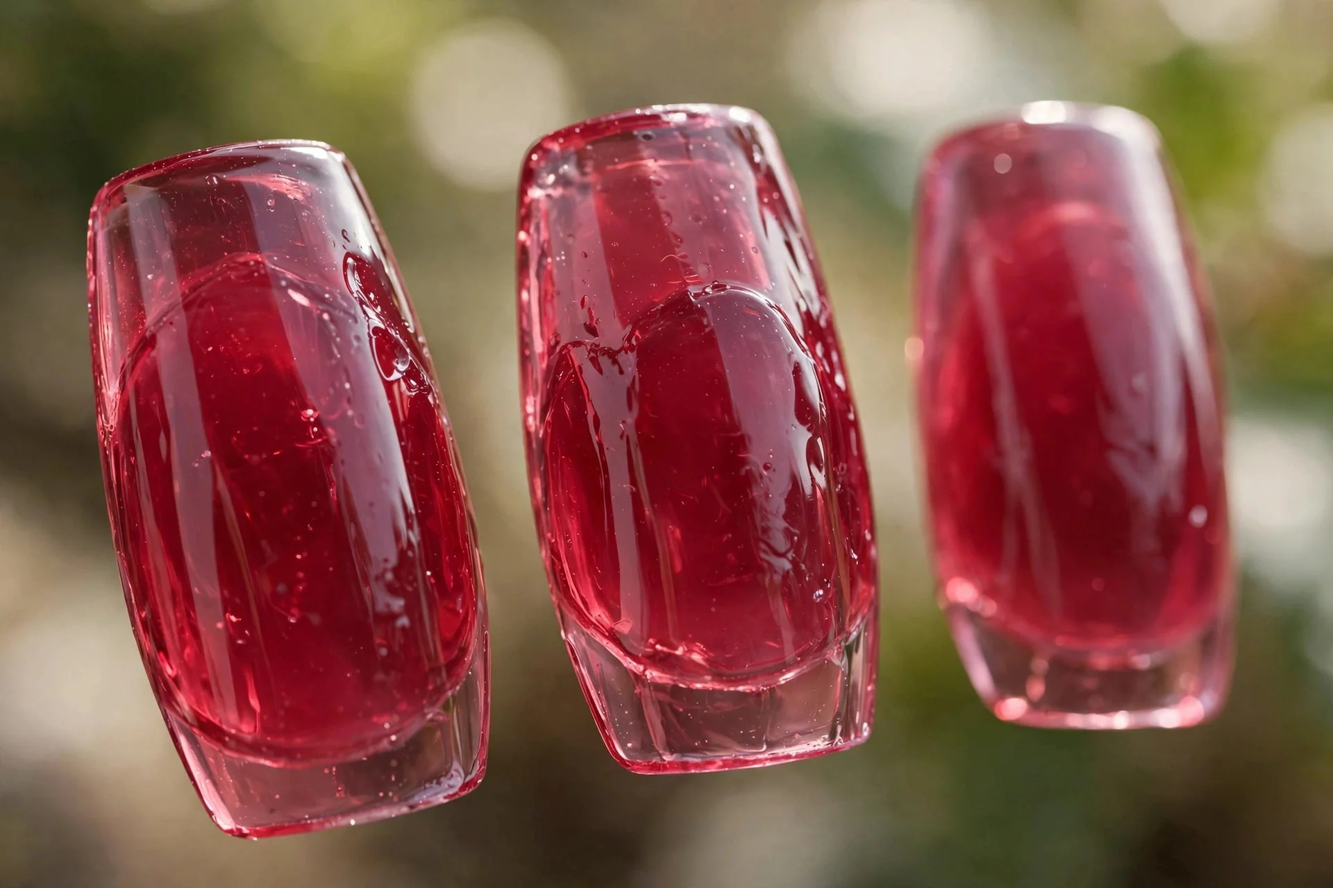 Translucent berry red jelly nails, medium coffin, glassy