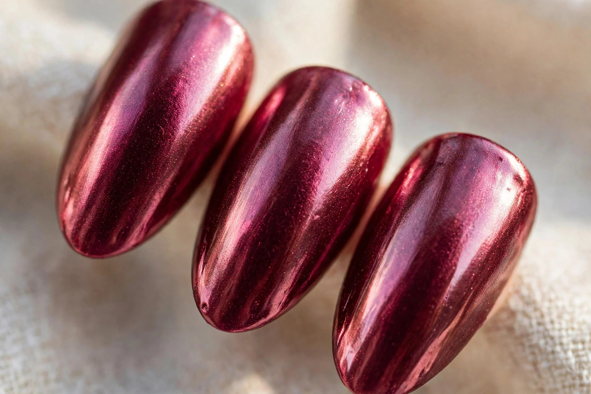 Cranberry burgundy chrome nails, almond, pink metallic shine