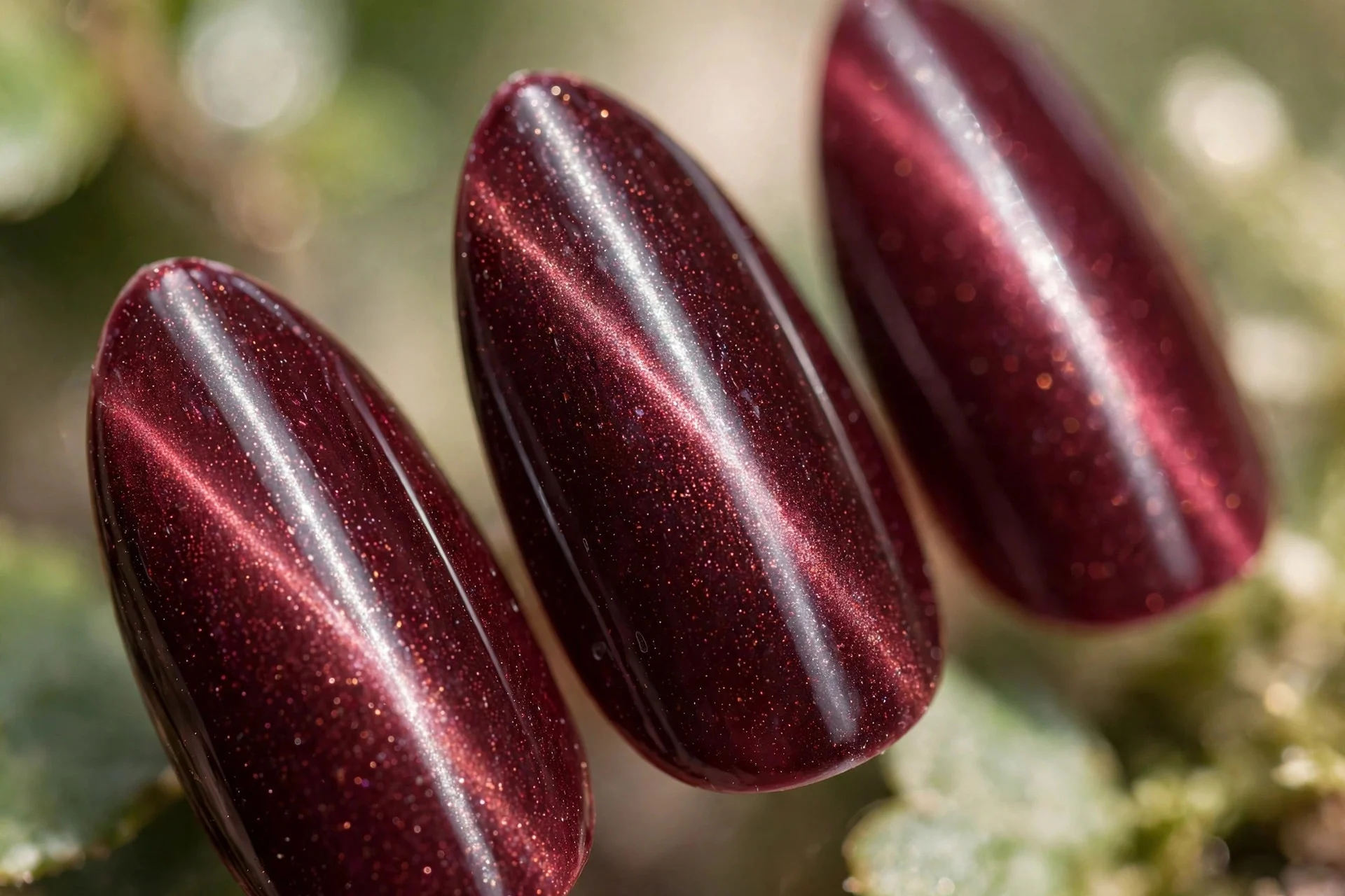 Burgundy magnetic cat-eye nails with glowing centre line, almond