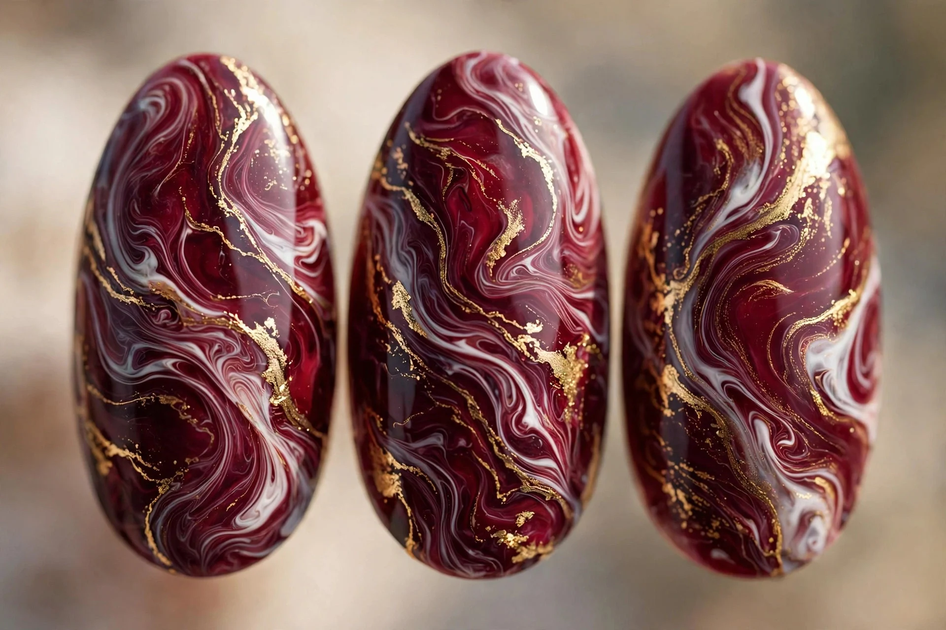 Burgundy marble with white and gold veining, almond nails
