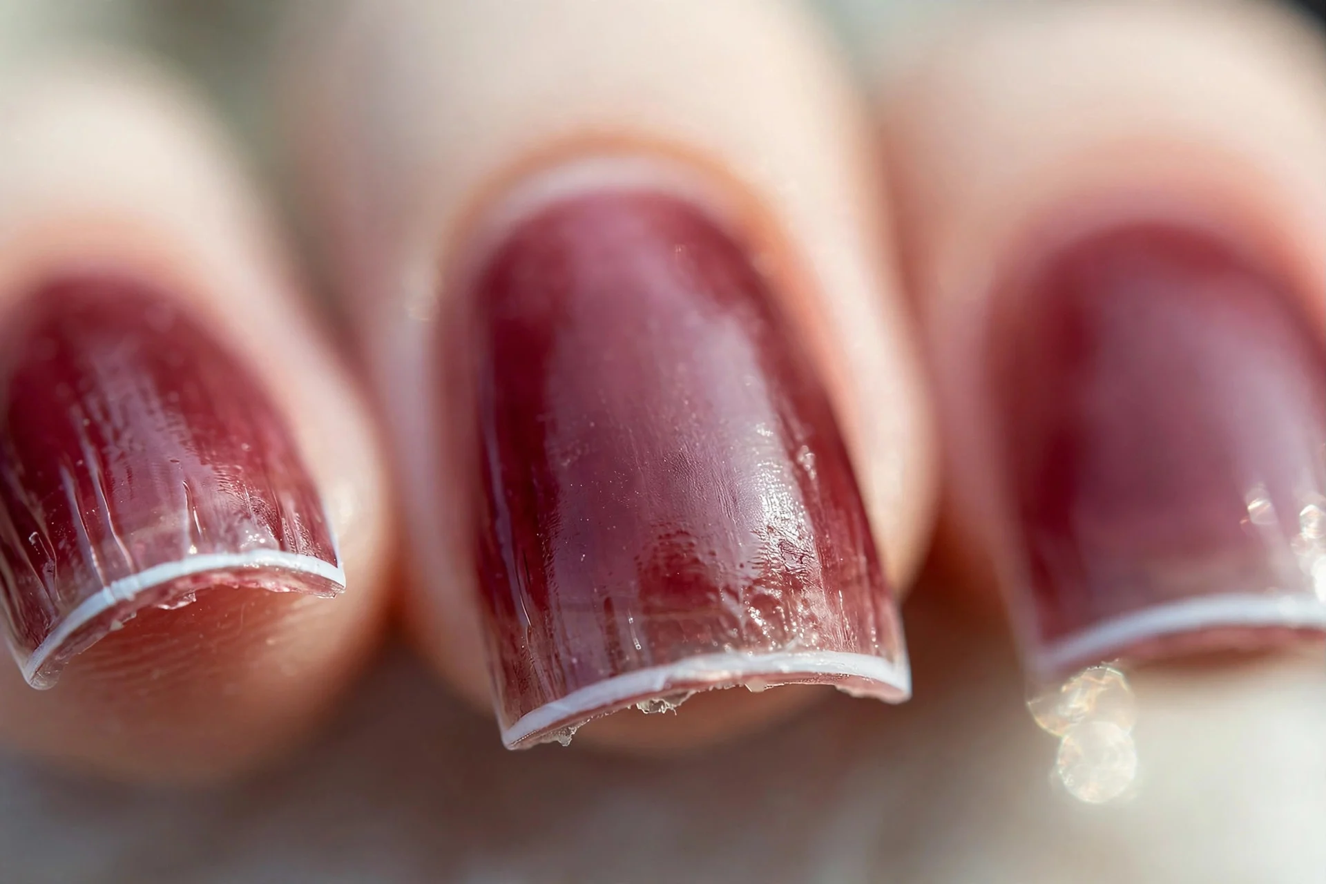 Sheer burgundy base with white micro French tips, square nails