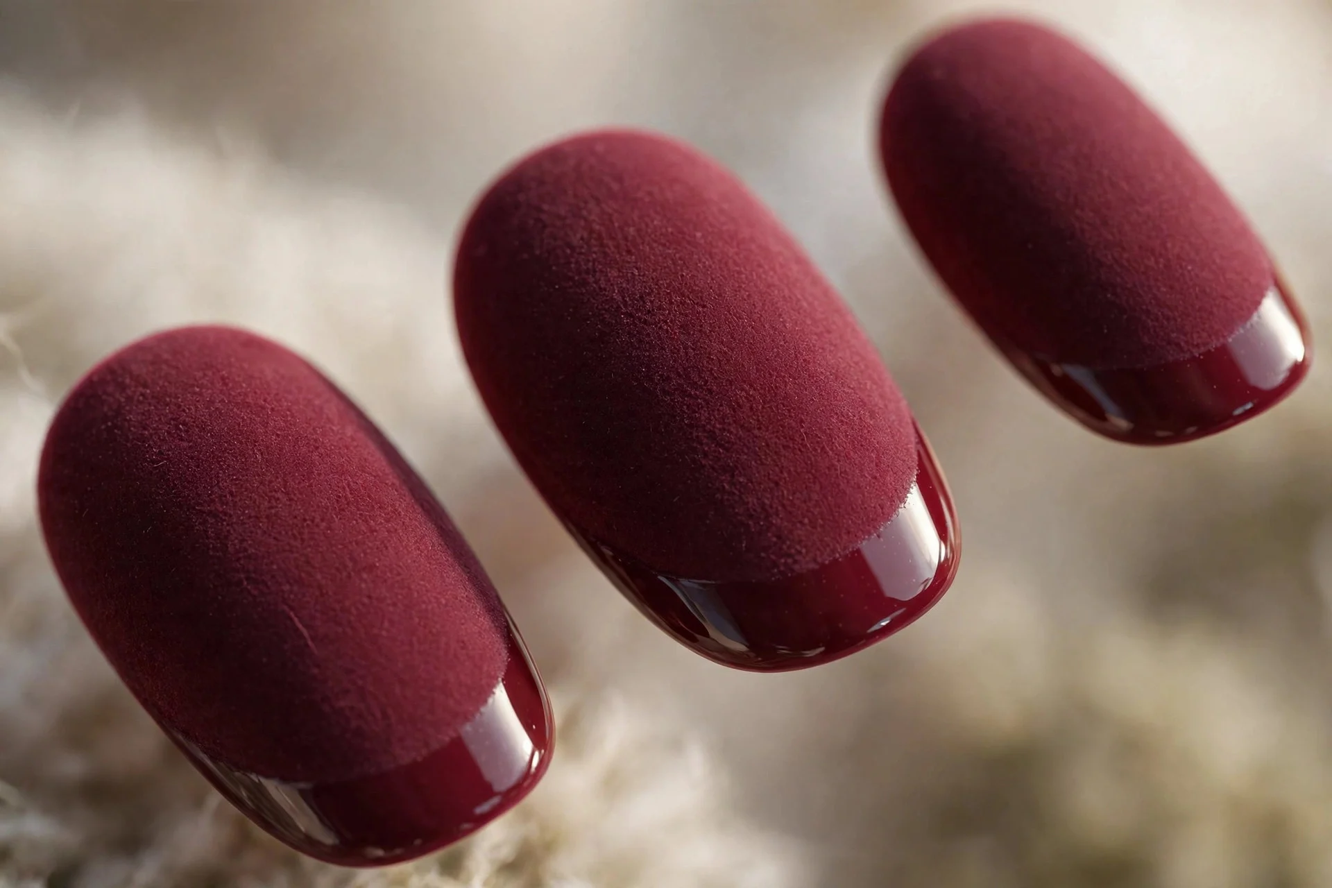 Matte velvet burgundy with glossy burgundy French tips, oval