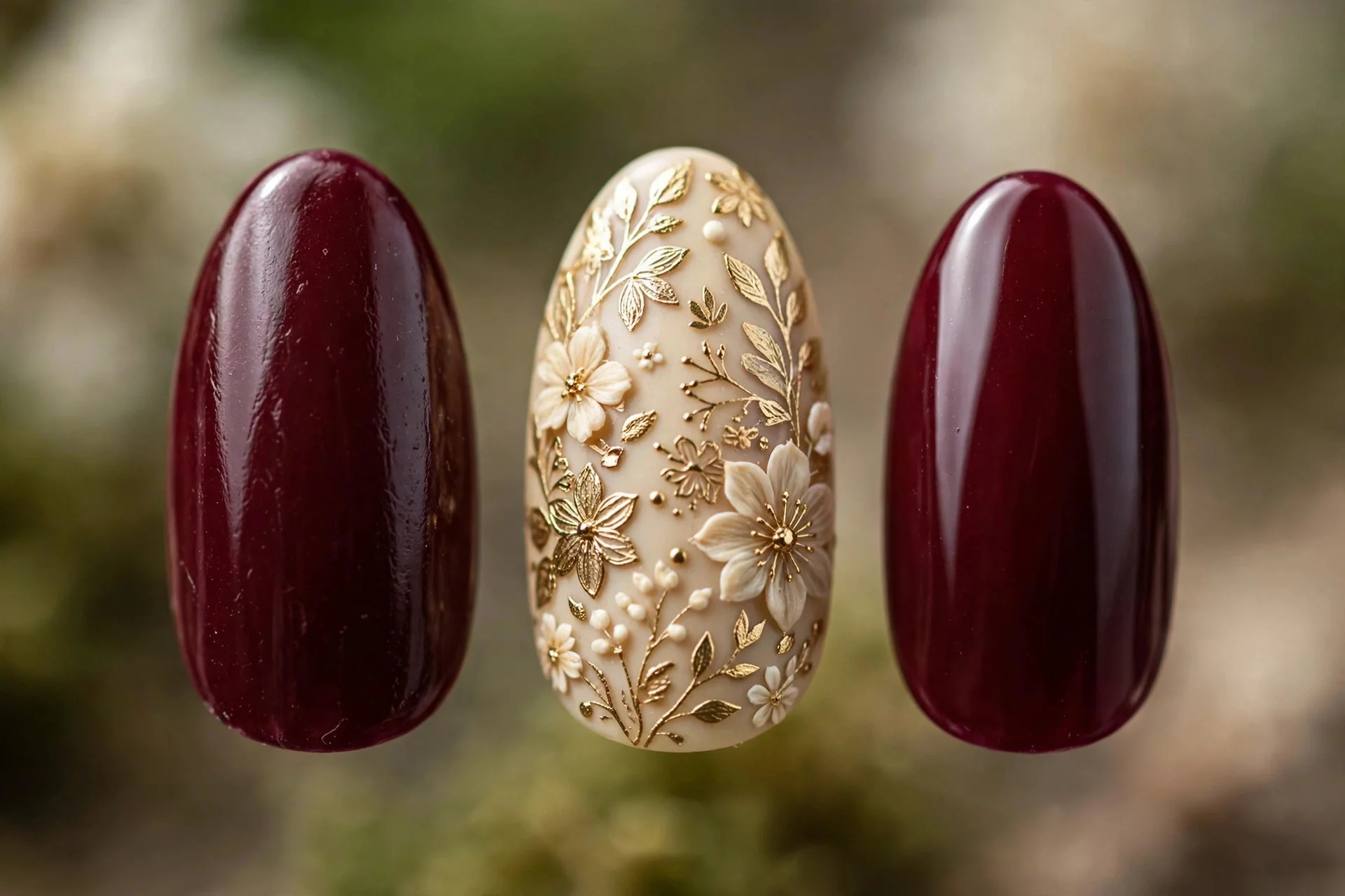 Deep burgundy nails with gold cream floral accent nail, almond