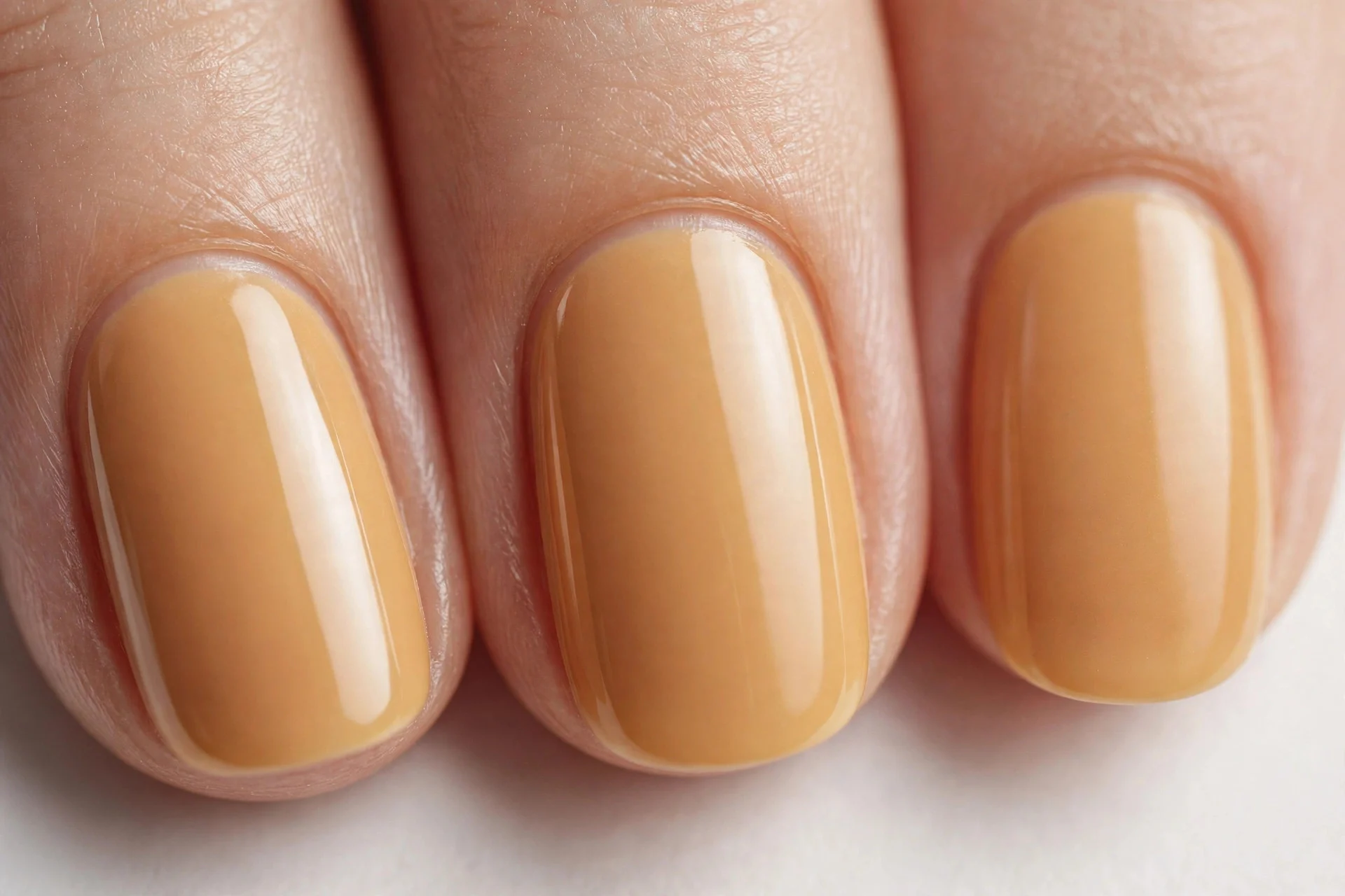 Short almond nails in golden caramel cr&egrave;me polish, pale background
