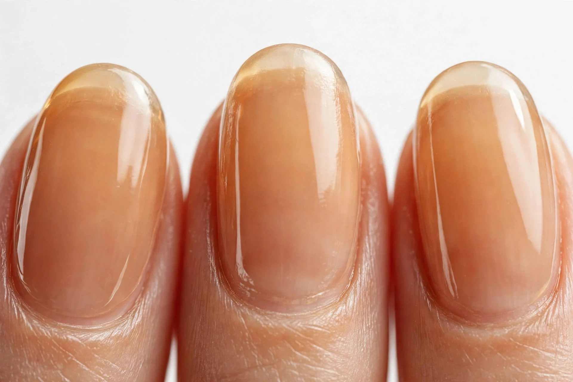 Oval nails with sheer butterscotch jelly polish, soft white background