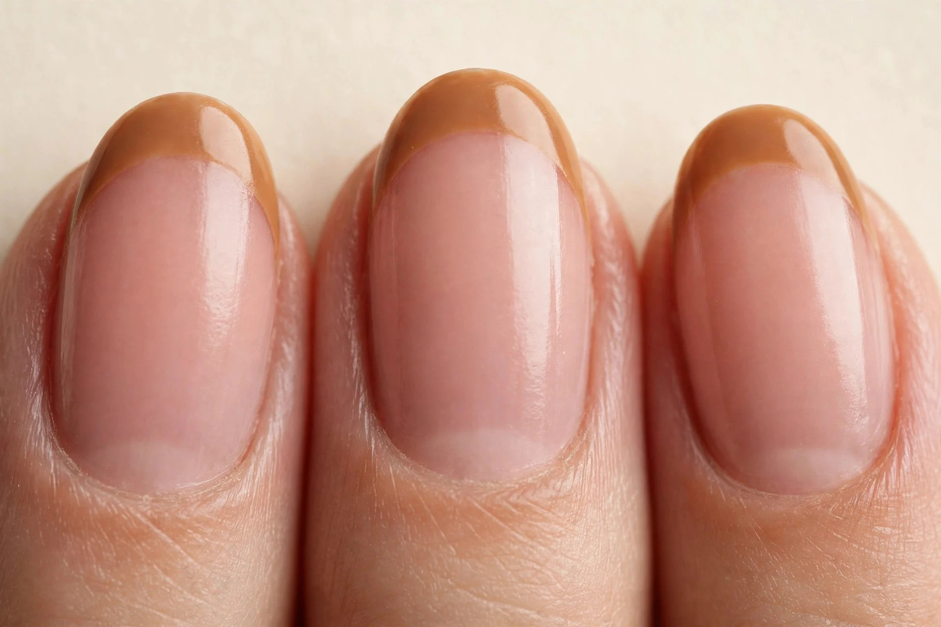 Oval nails with pink-nude base and caramel French tips, cream background