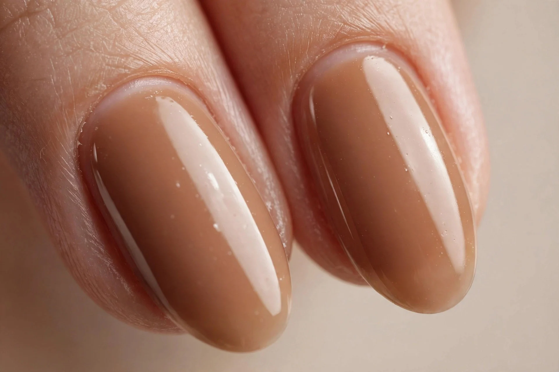 Almond nails in milky medium caramel-brown gel, neutral background