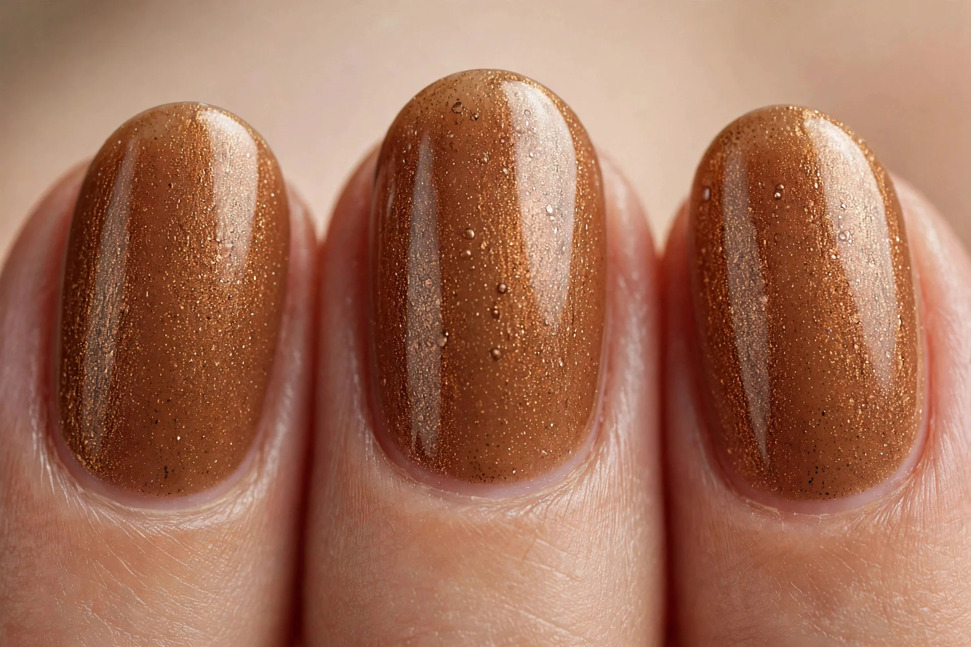 Oval nails in caramel gel with bronze shimmer, warm beige background