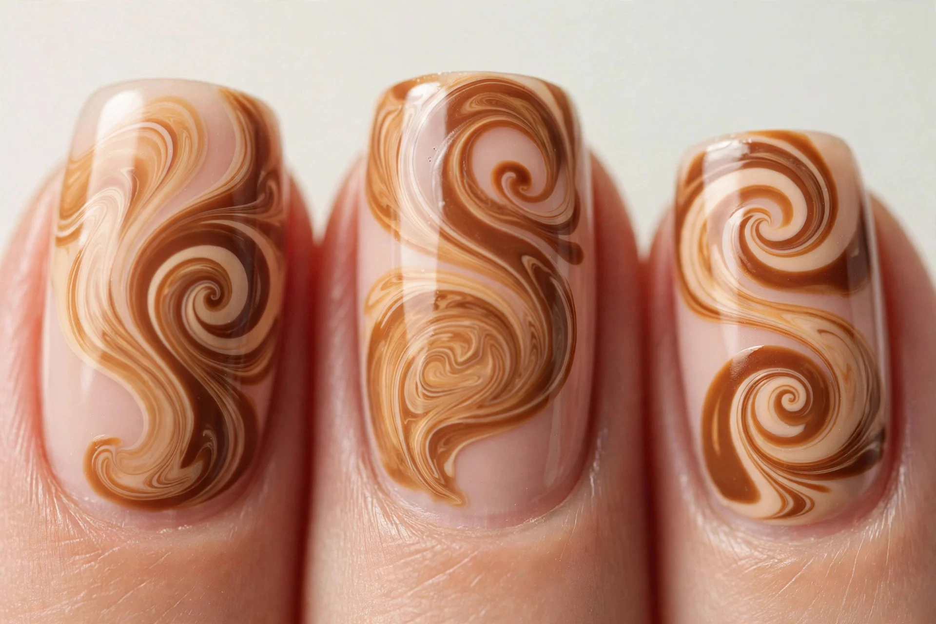 Nude nails with caramel and coffee retro swirls, light background