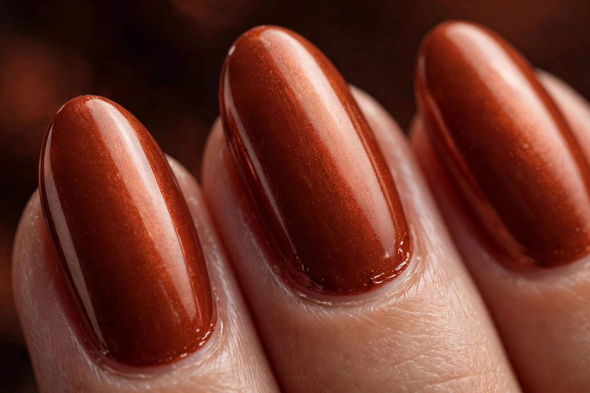 Almond nails in deep copper-caramel gel, dark warm background