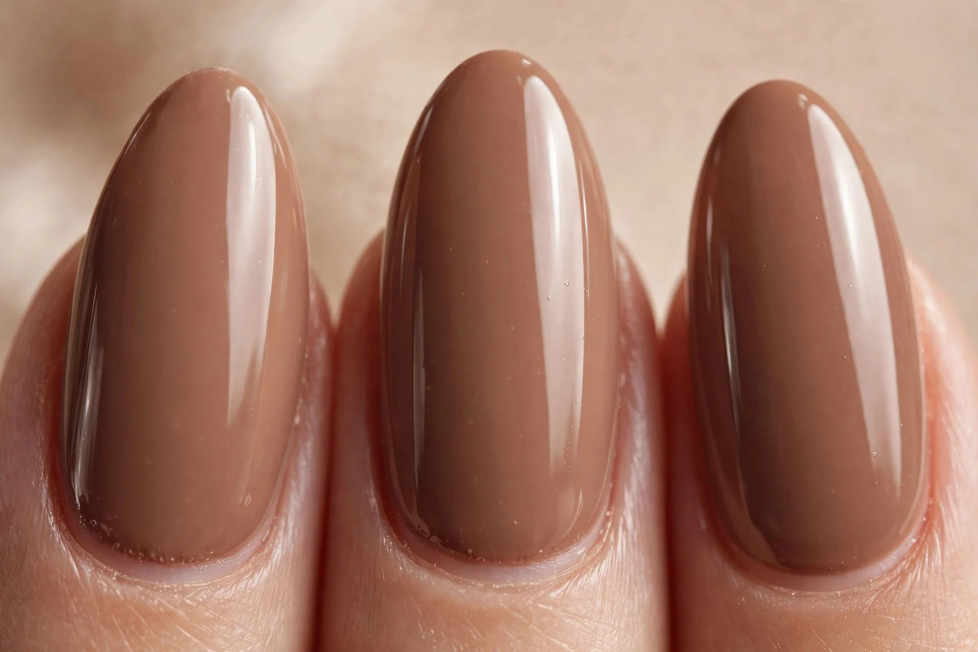 Almond nails in creamy milk-chocolate brown gel, warm neutral background