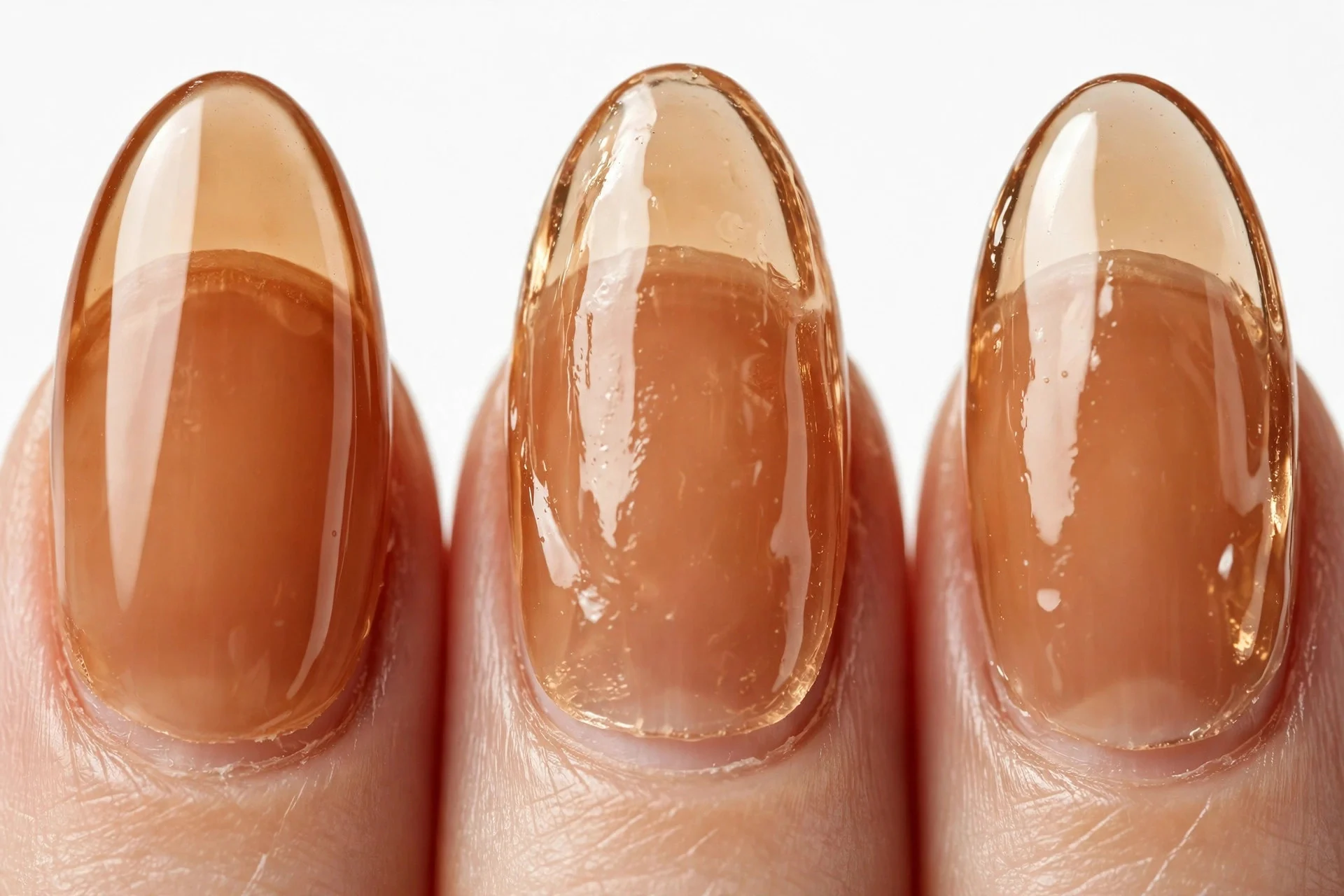 Almond nails in sheer caramel jelly with glass effect, white background