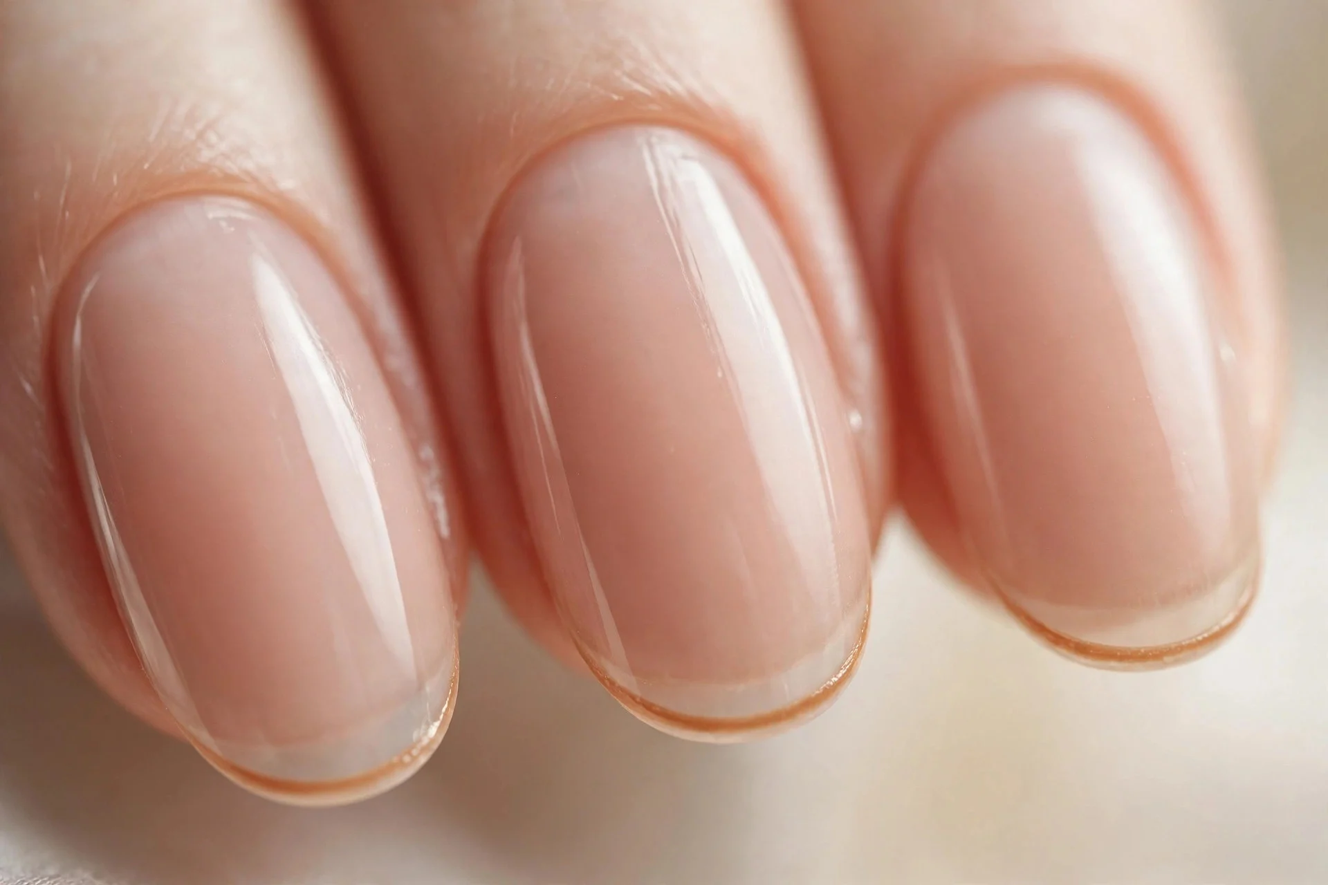 Oval nails with sheer nude base and thin caramel micro French tips, soft background