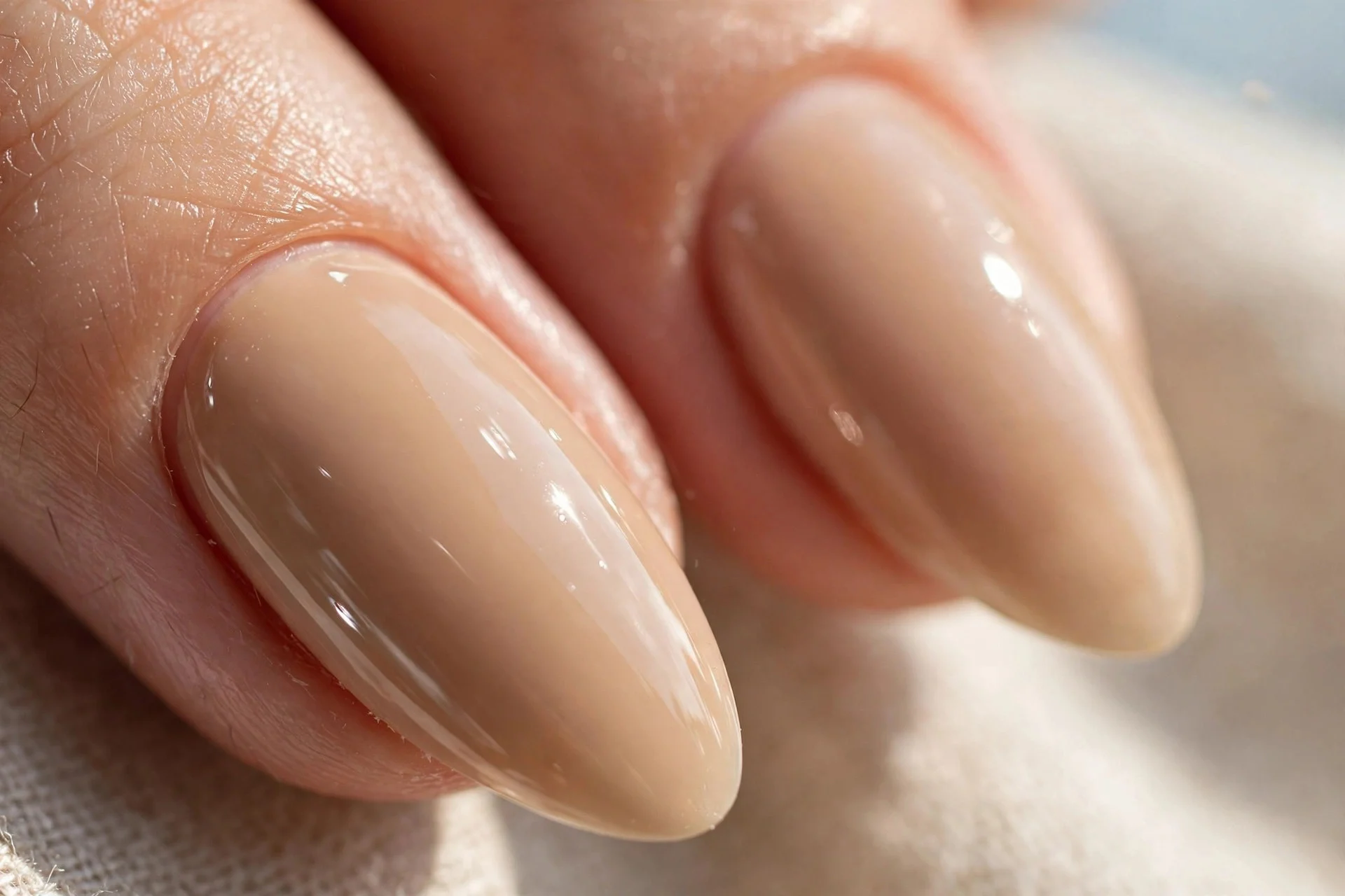 Almond-shaped nails painted in a milky caramel latte shade with a soft glossy glow.
