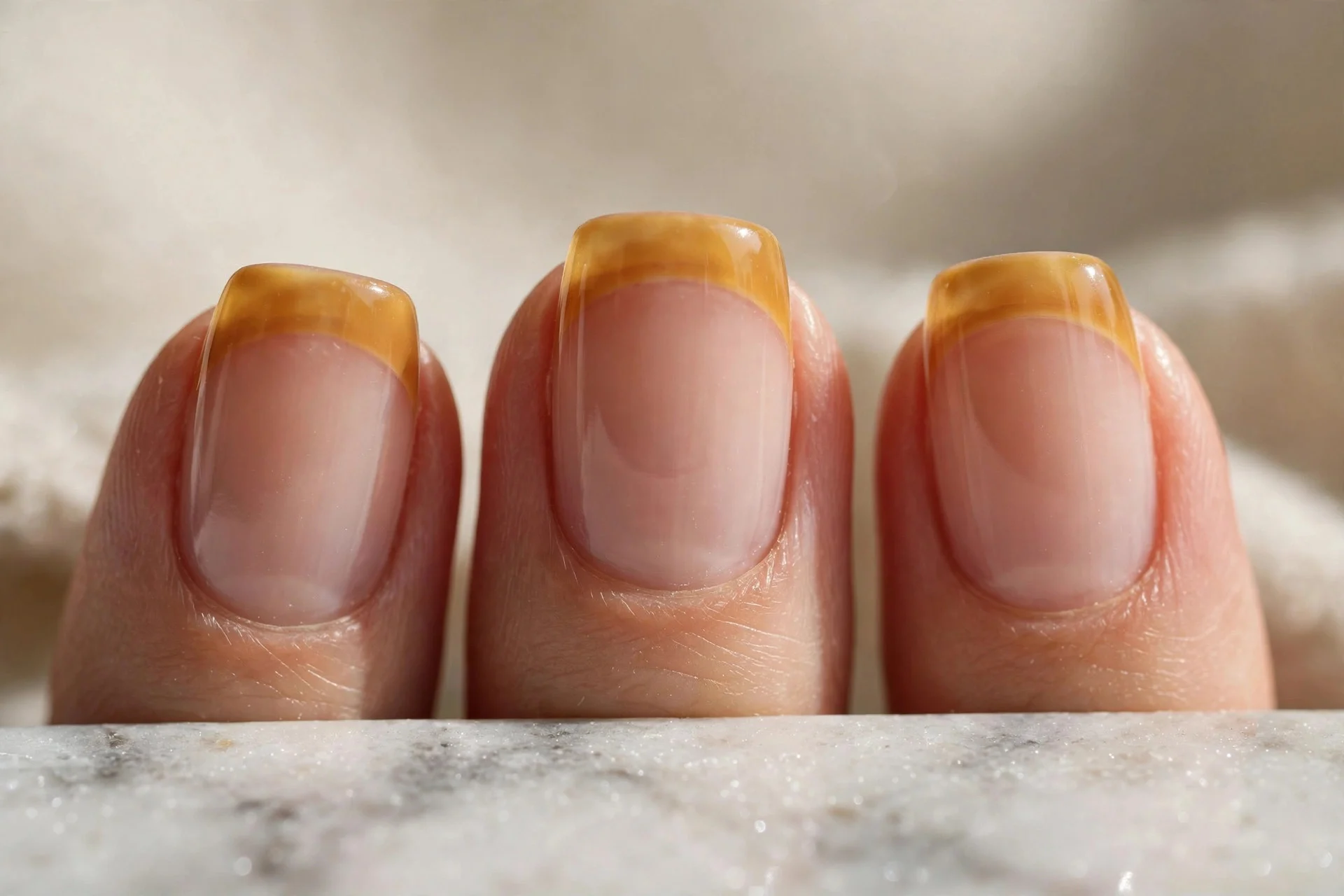 French manicure with warm honey-colored tips on a sheer nude base, photographed on a marble surface.