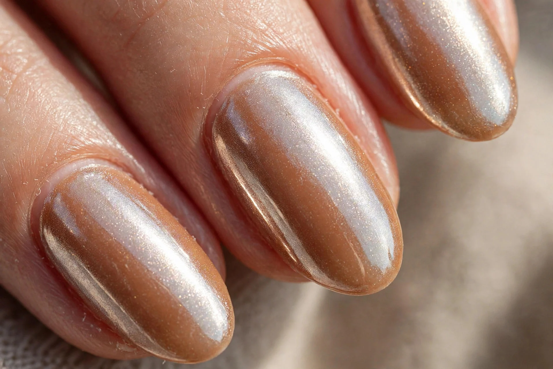 Medium-length nails with salted caramel base and pearly glazed chrome finish catching the light.