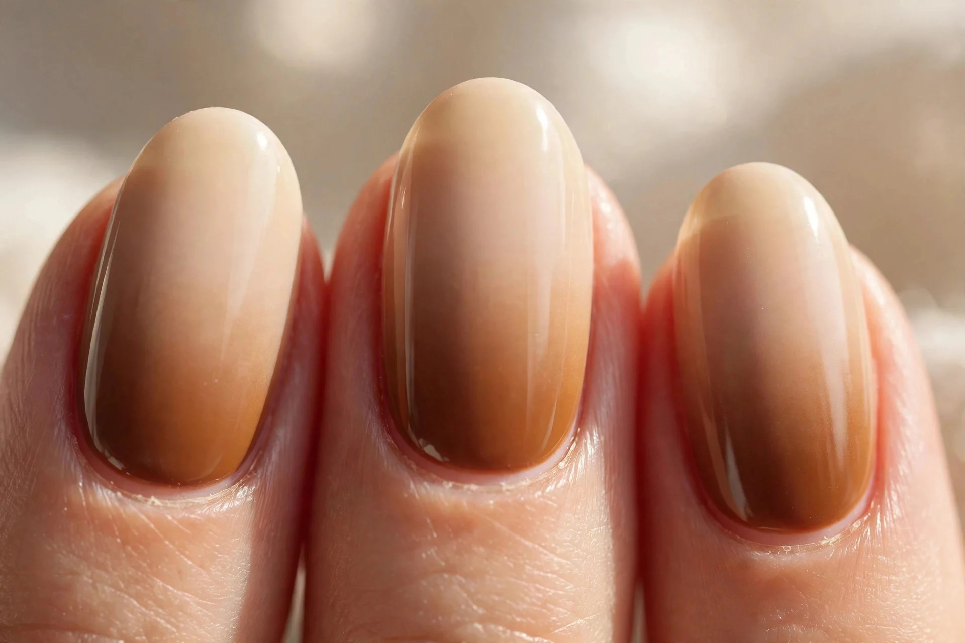 Ombre nails fading from creamy beige near cuticles to deep caramel at the tips.