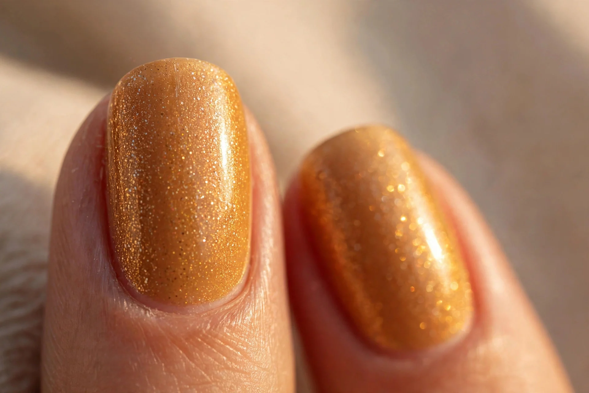 Nails in golden caramel shade with fine shimmer, photographed in warm sunset lighting.