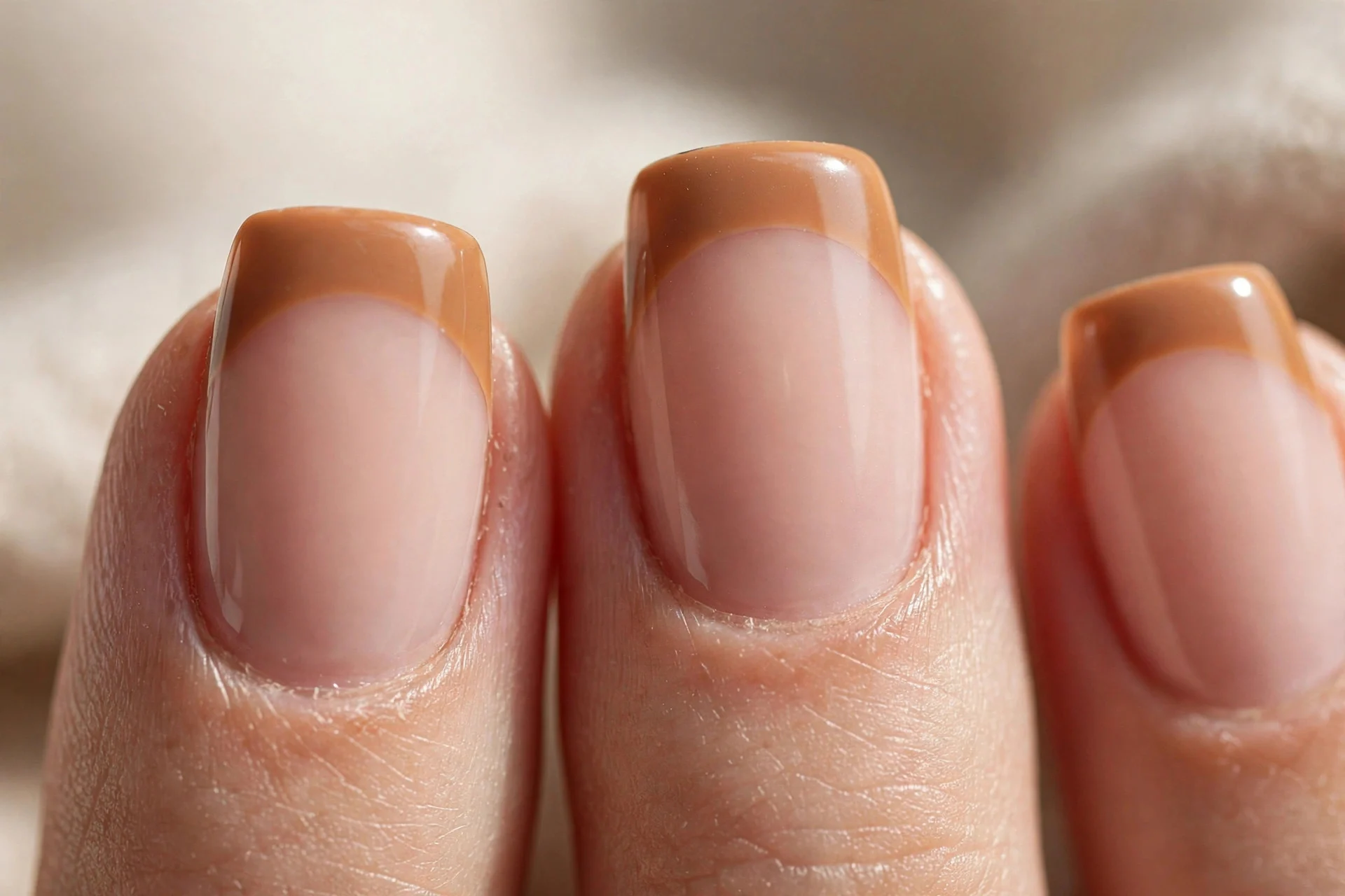 Modern French manicure with caramel-colored tips over a milky nude base.