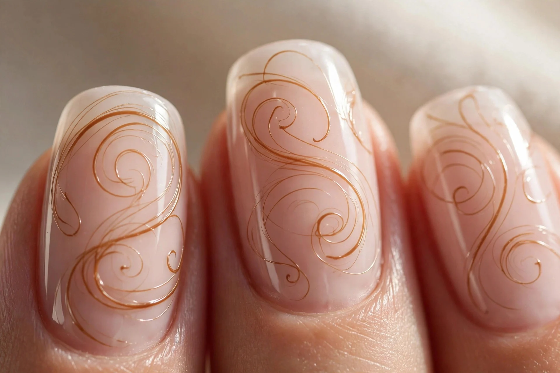 Milky nude nails with thin caramel toffee swirl line art on each nail.