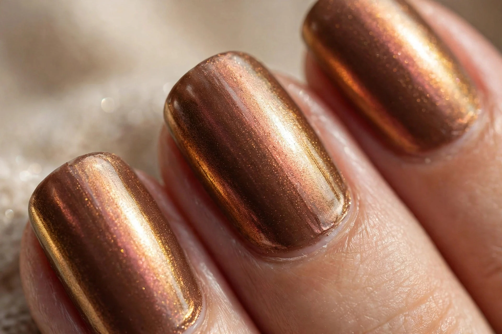 Chai-spice brown nails with warm metallic chrome finish shifting in the light.