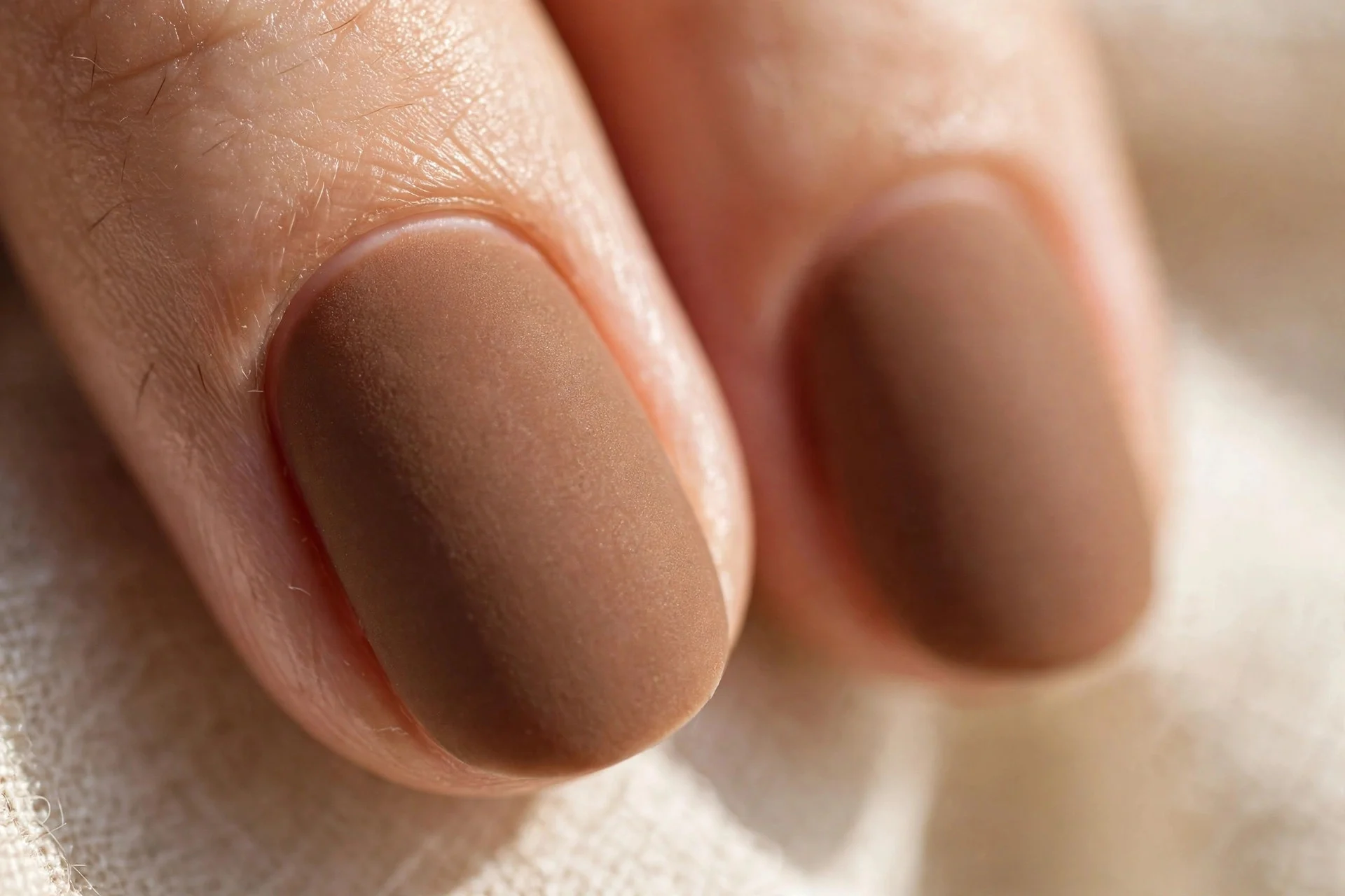 Matte brown sugar caramel nails with a velvety soft-focus finish.