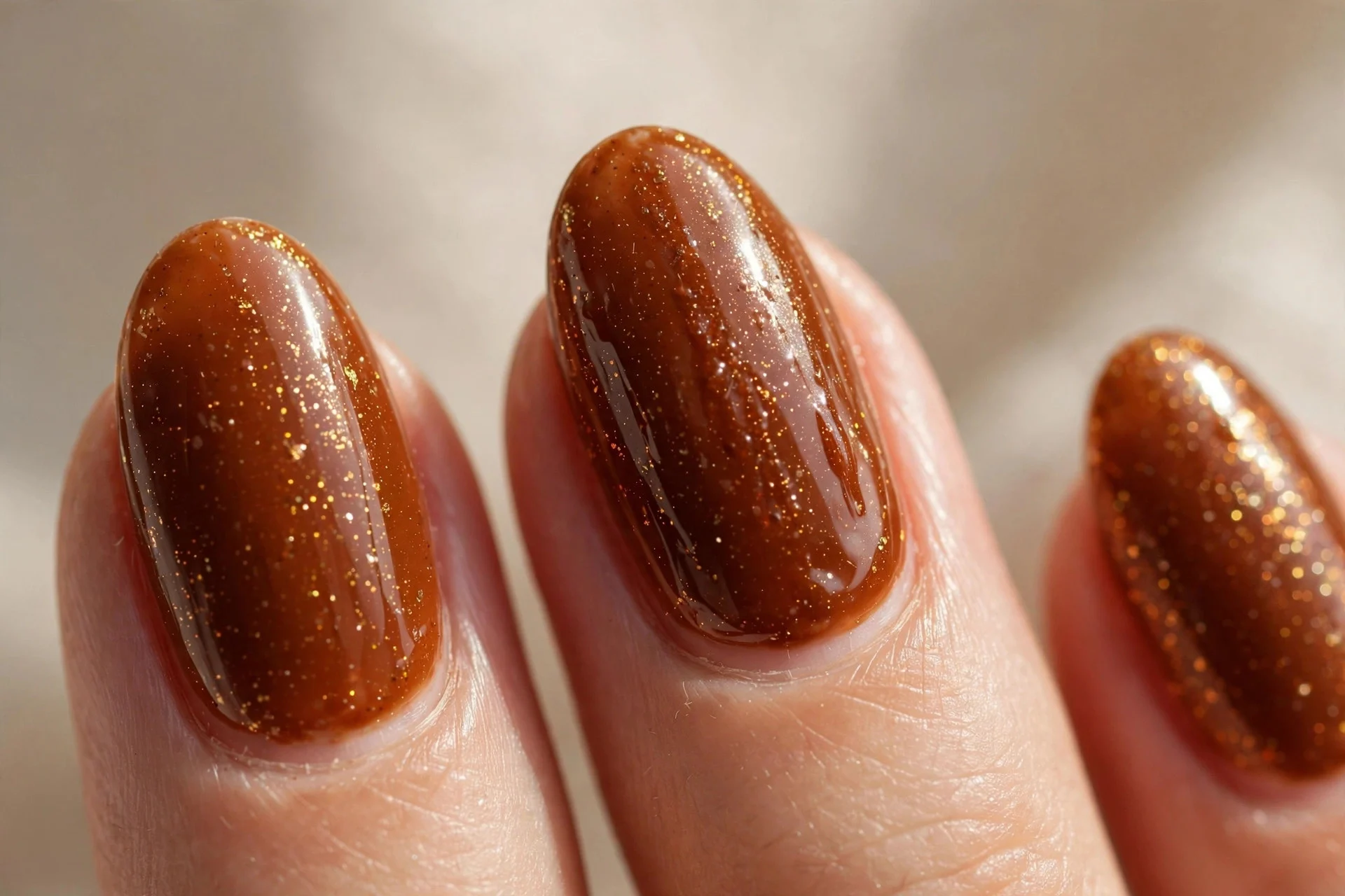 Burnt caramel nails with delicate gold shimmer topper.
