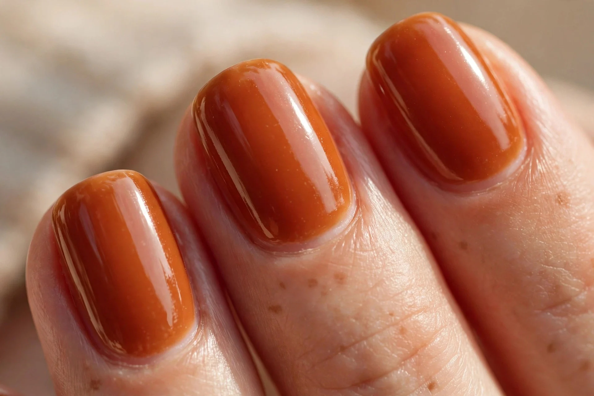 Warm maple-red caramel nails with glossy glazed finish, autumn mood.