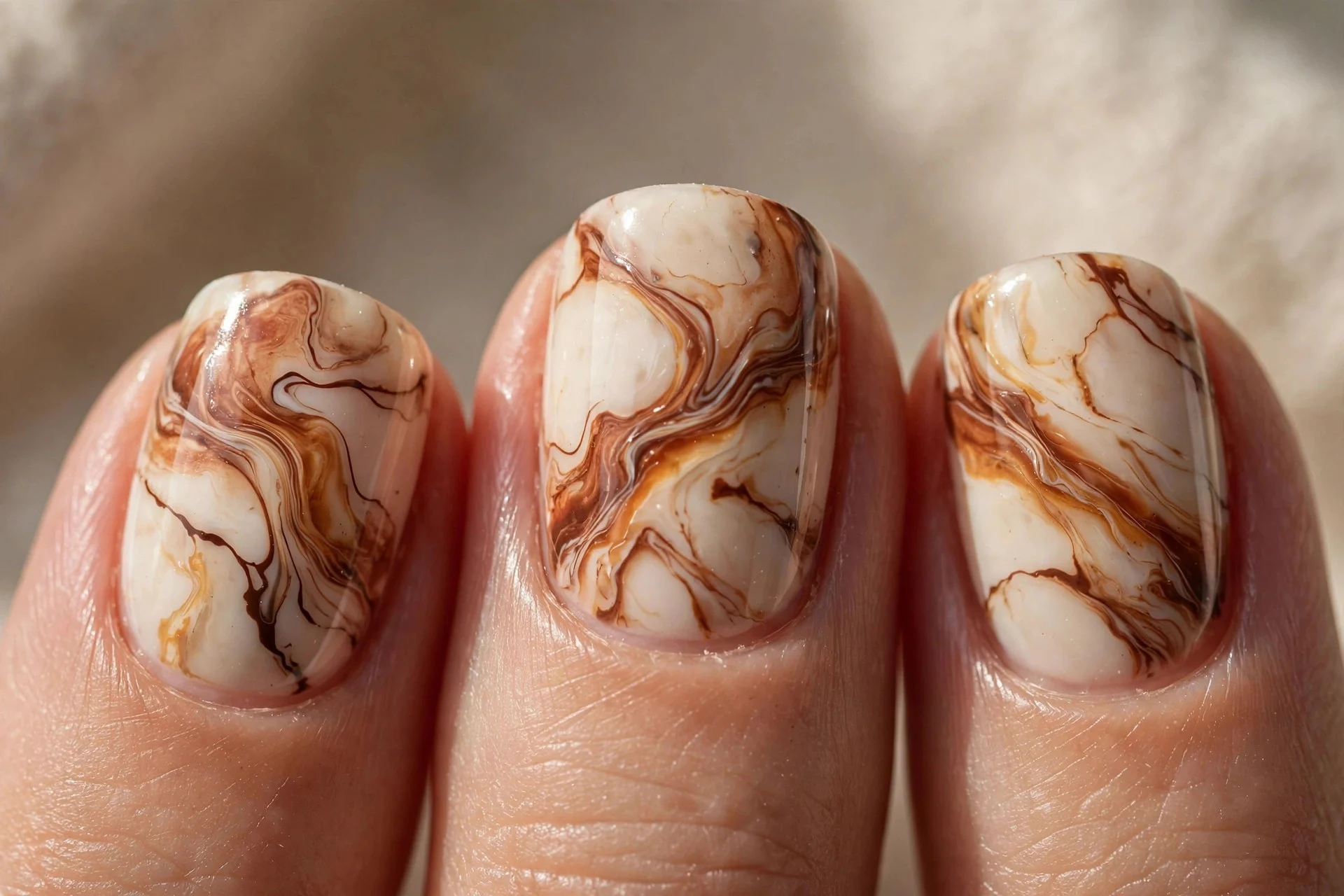 Marble nail art with cocoa and caramel veining on a creamy base.