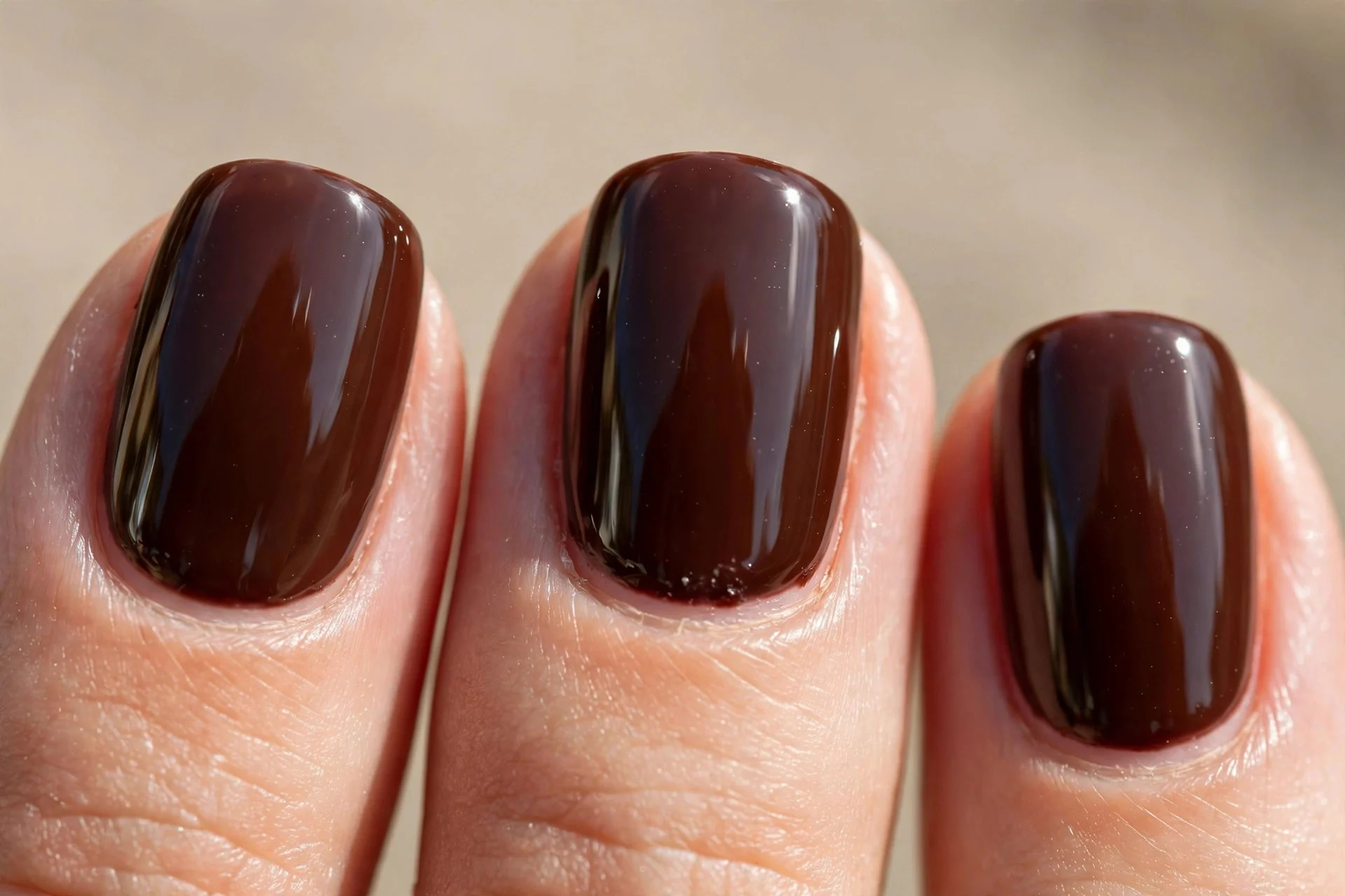 Deep toffee brown nails with ultra high-gloss glass-like shine.