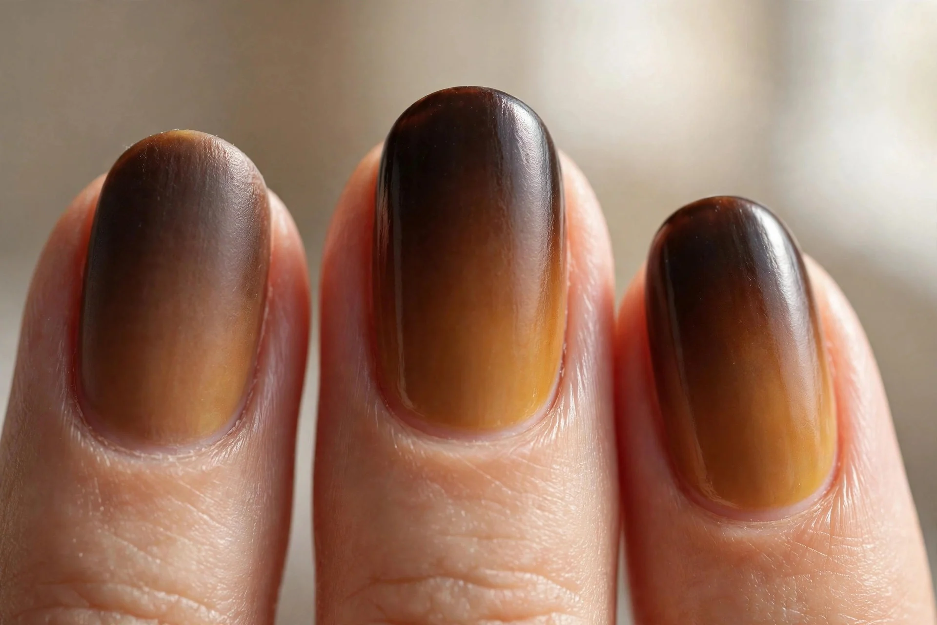 Vertical gradient nails fading from dark espresso to warm caramel.