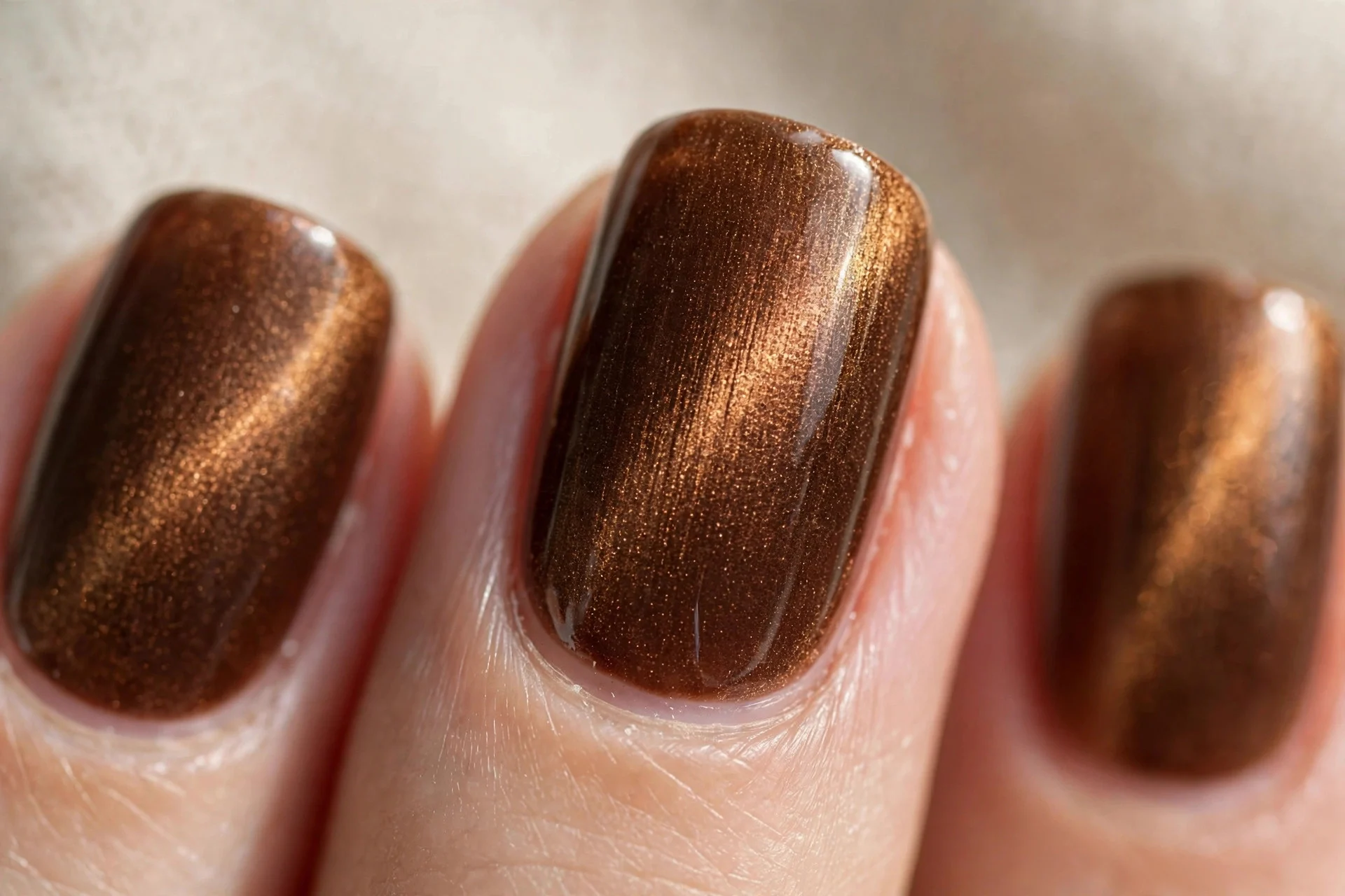 Dark caramel velvet magnetic nails with soft shifting shimmer.