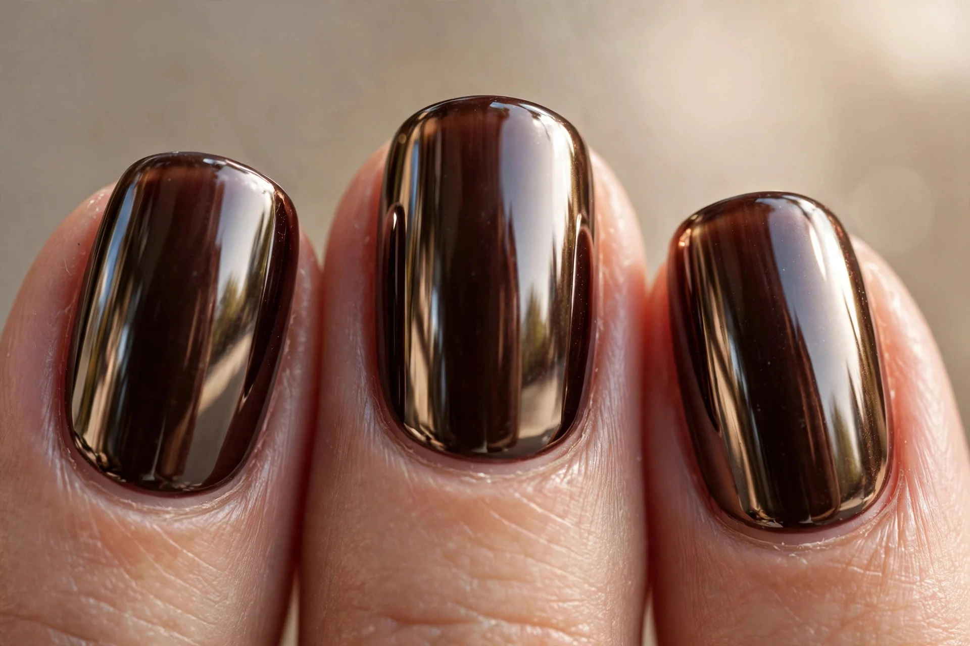 Deep molasses brown nails with reflective chrome finish.