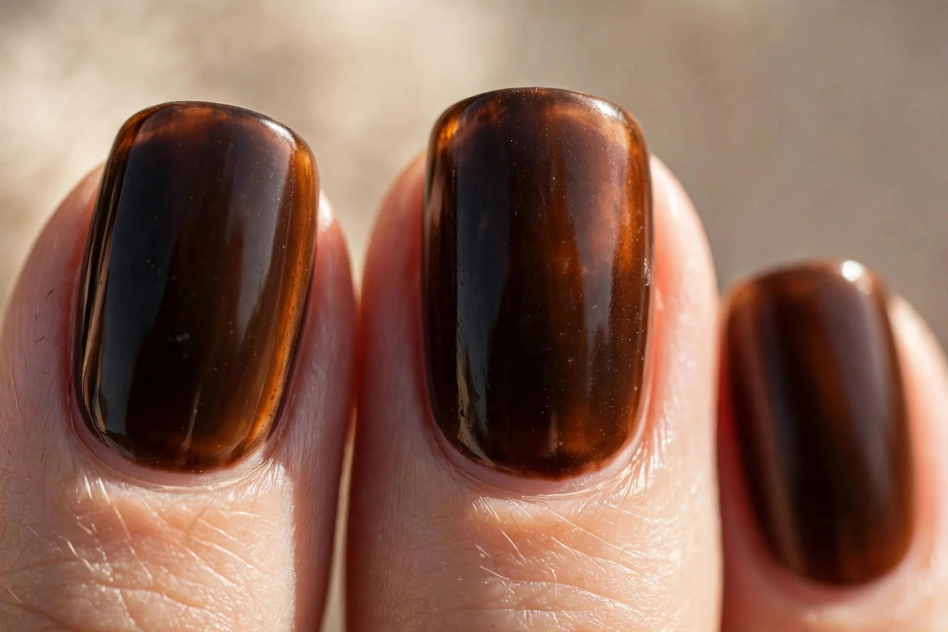 Near-black caramel brown nails showing warm brown depth in sunlight.