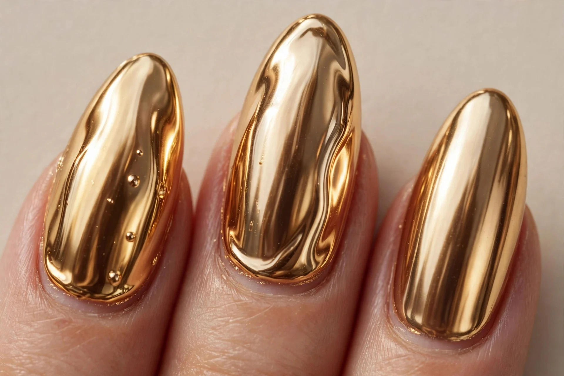 Molten champagne gold chrome, long almond nails