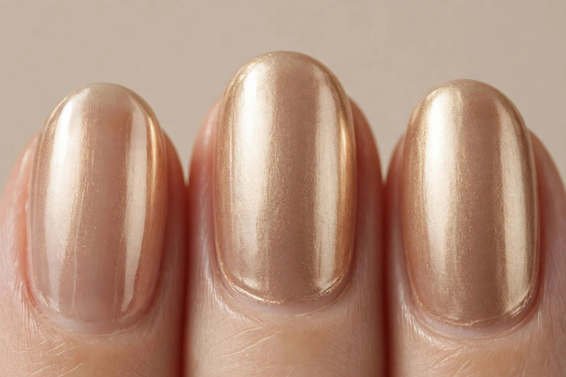 Champagne chrome glaze over nude, short oval