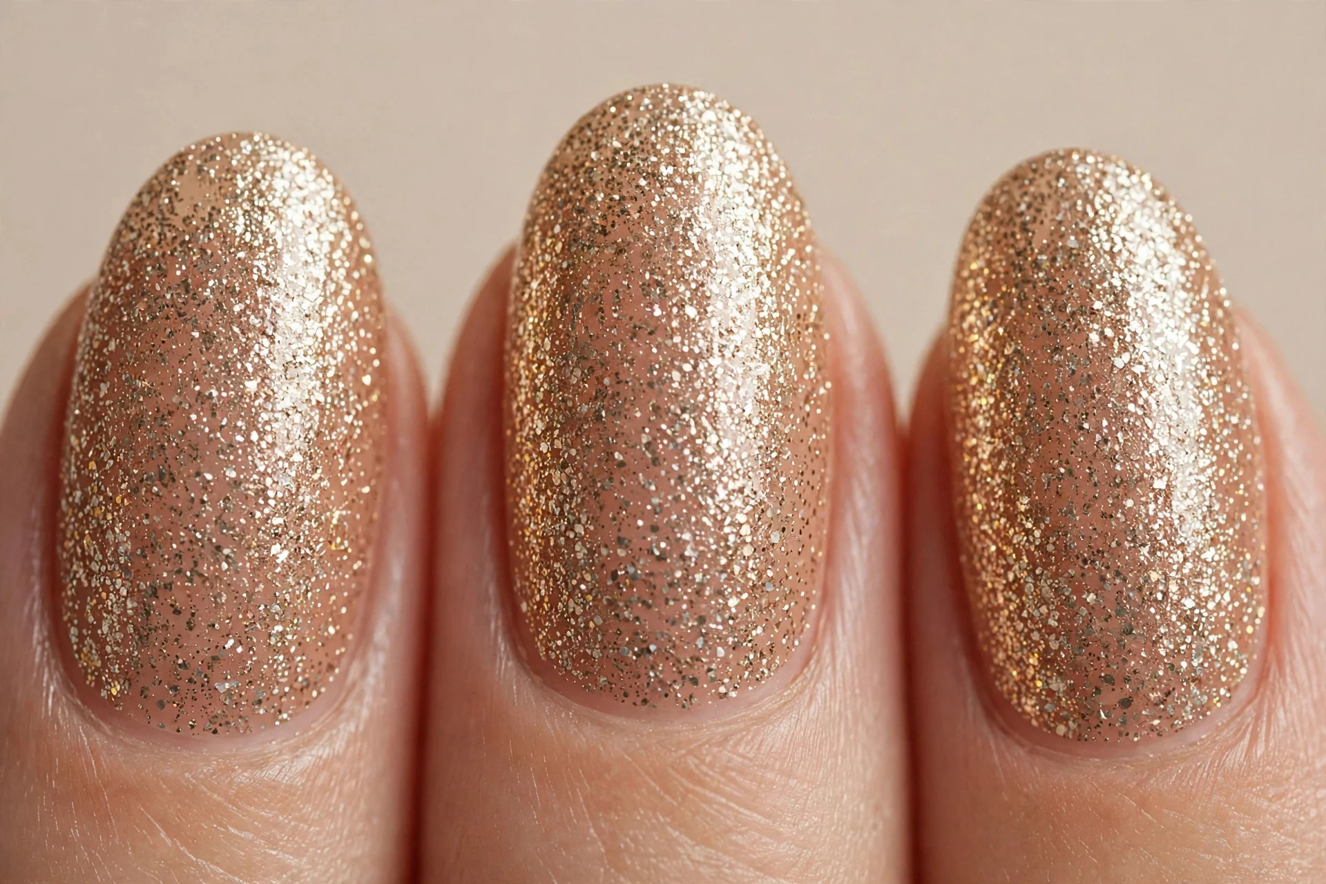 Champagne gold glitter over nude, medium almond