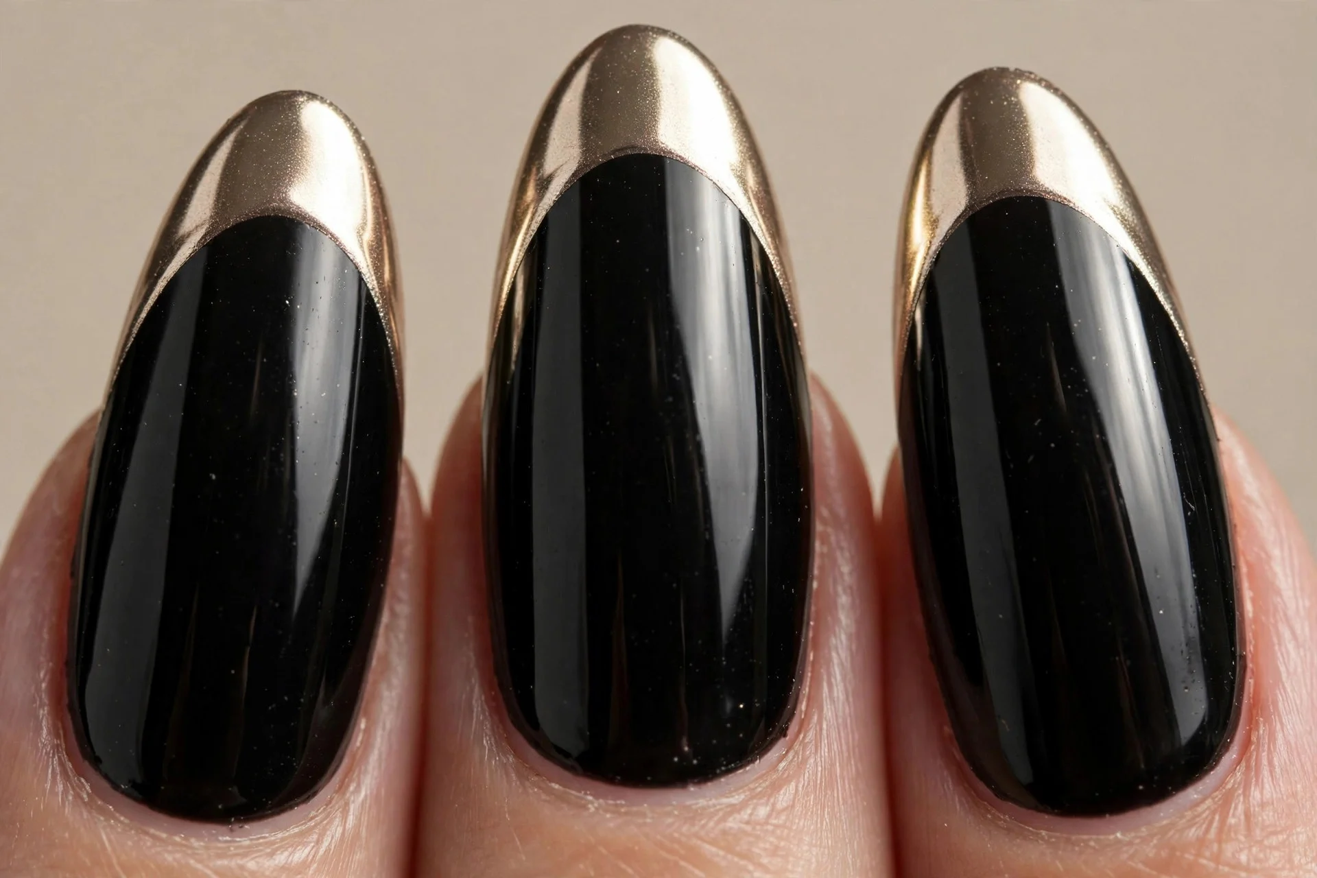 Black nails, champagne chrome tips, long almond