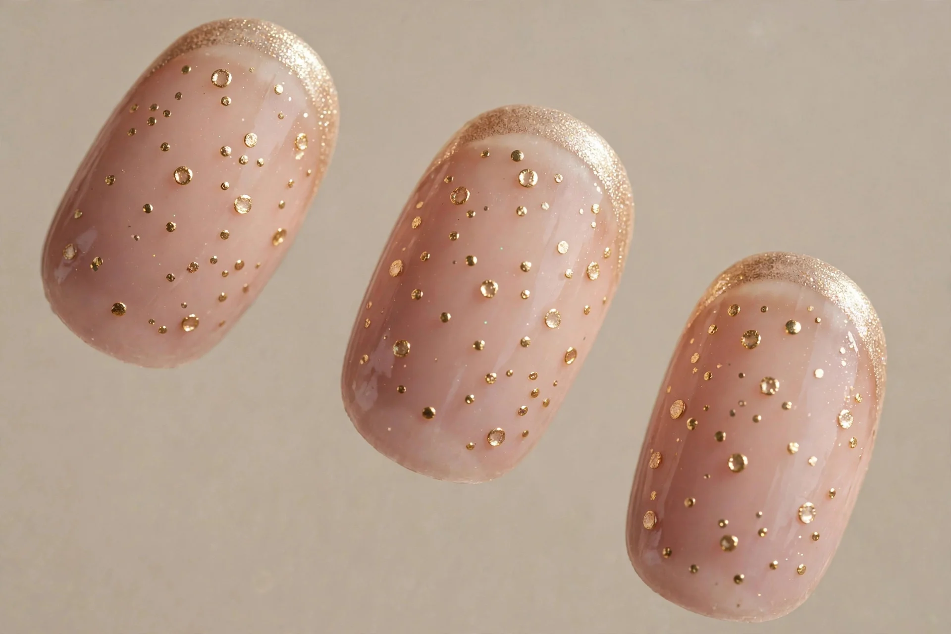 Champagne French tips, gold confetti, sheer nude