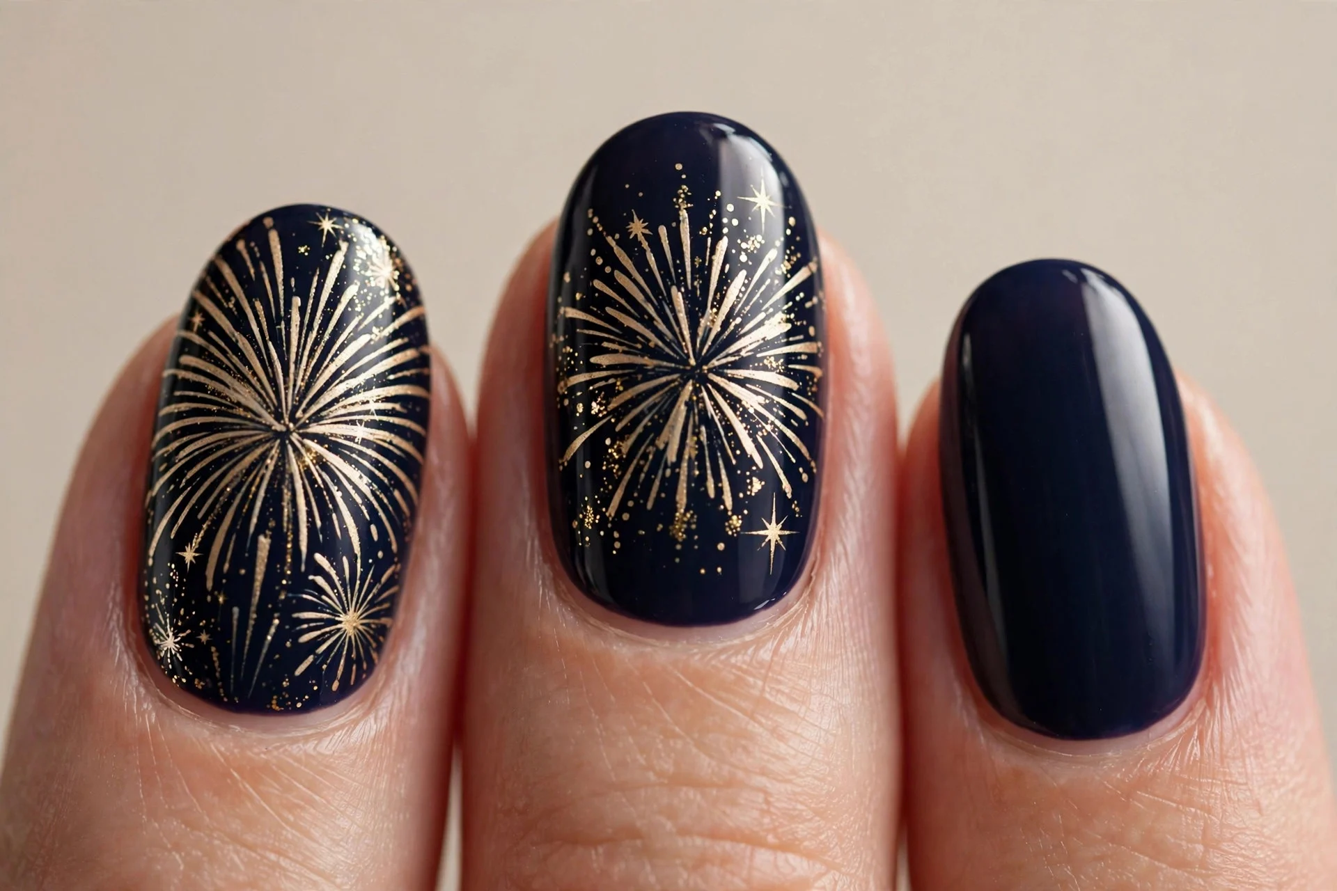Navy nails, champagne firework art, almond