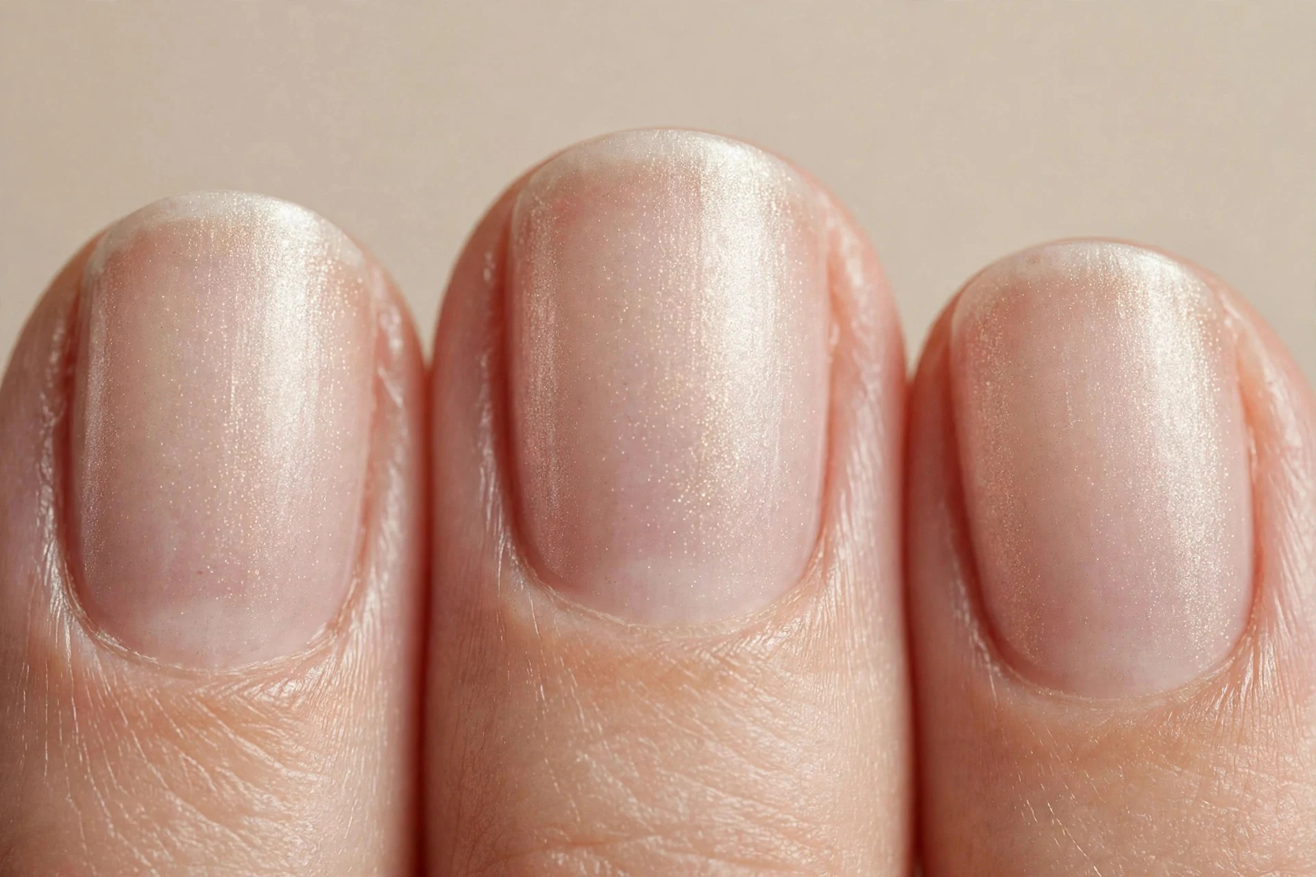 Sheer champagne shimmer, short squoval nails