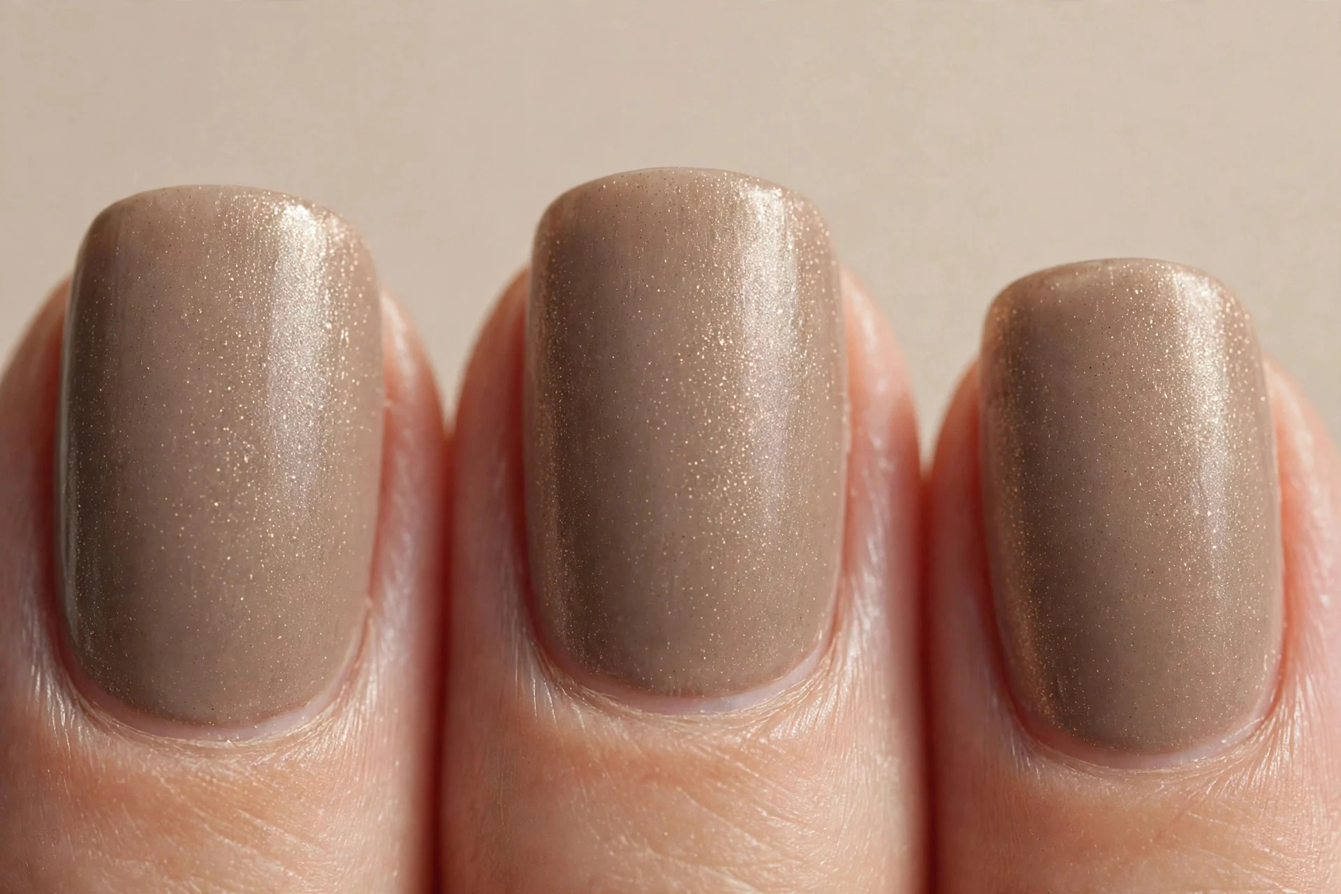 Taupe with champagne shimmer, squoval nails