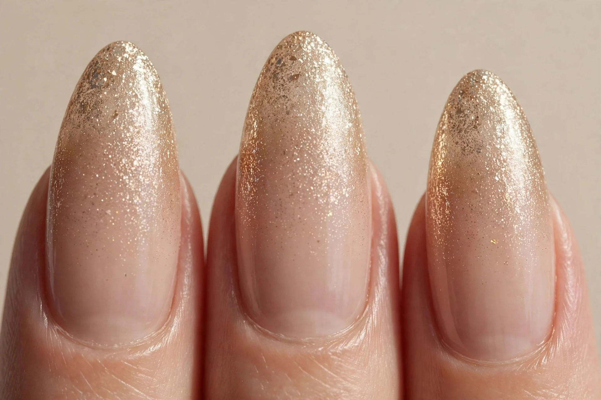 Champagne ombr&eacute; fade, nude to shimmer, almond