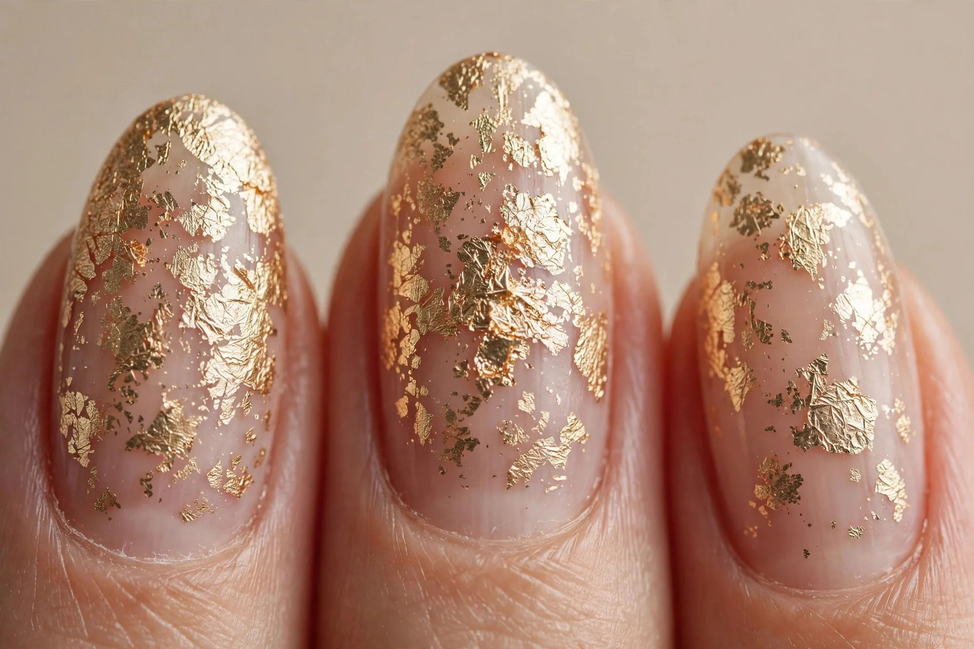 Champagne foil flakes over nude, medium almond
